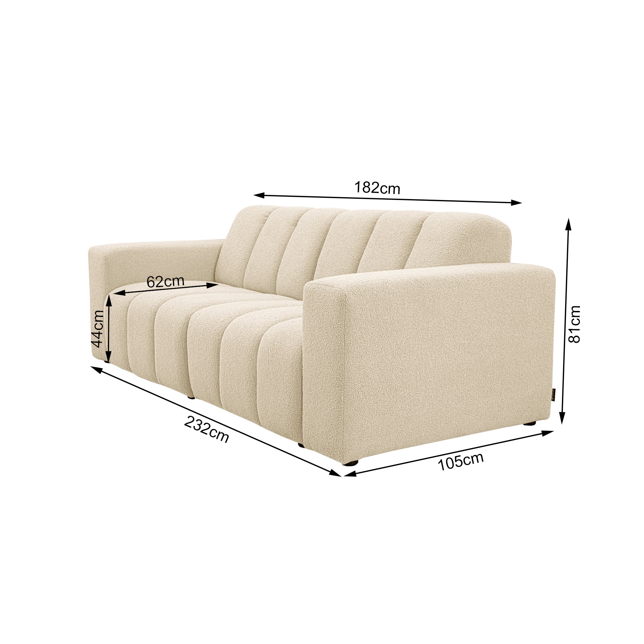 Canapé droit Mazarine en tissu bouclette beige Paname Avenue, schéma des dimensions
