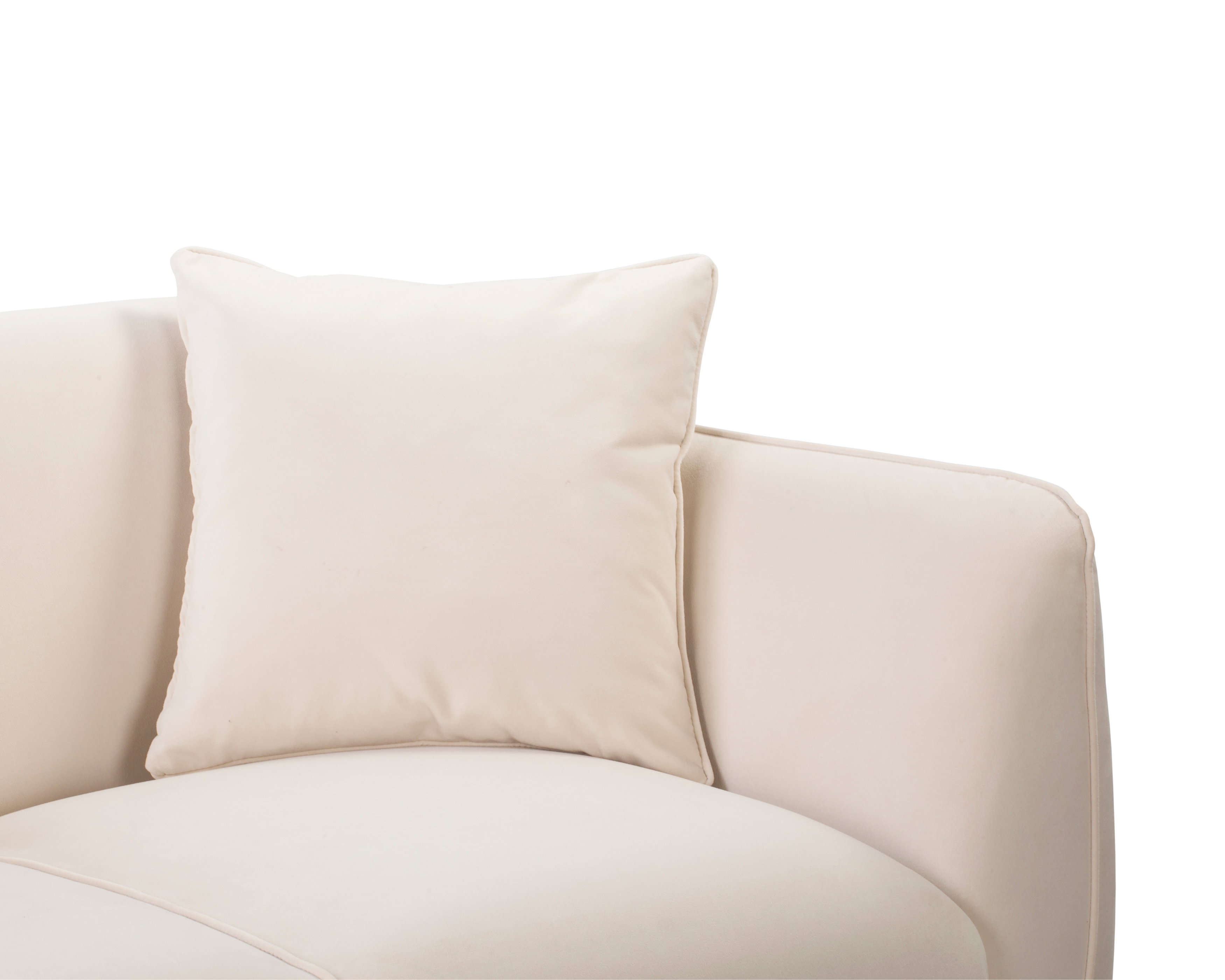 Canapé droit Meslay en tissu velours lisse beige Paname Avenue, zoom sur les coussins