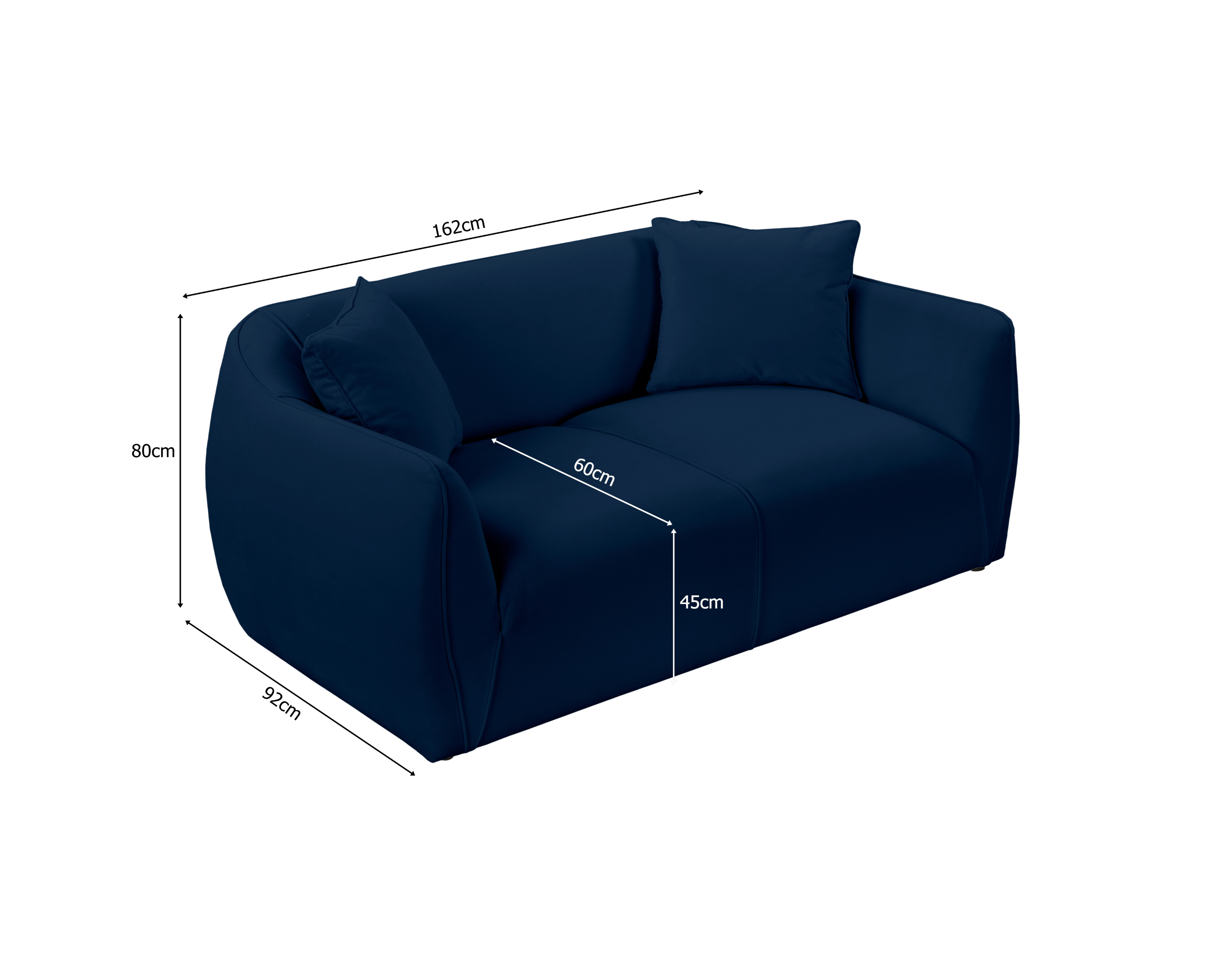 Canapé droit Meslay en tissu velours lisse bleu Paname Avenue, schéma des dimensions