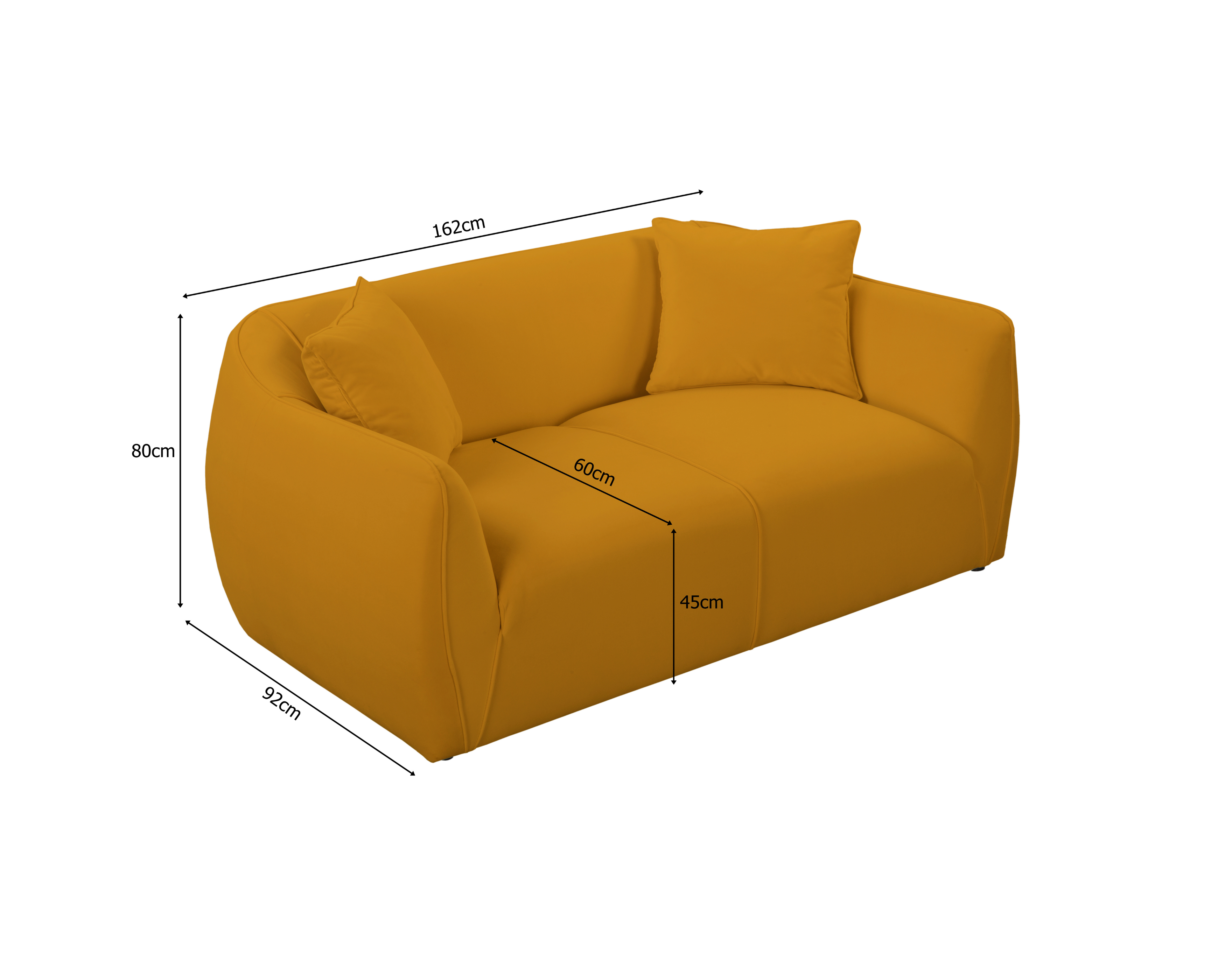 Canapé droit Meslay en tissu velours lisse jaune Paname Avenue, schéma des dimensions
