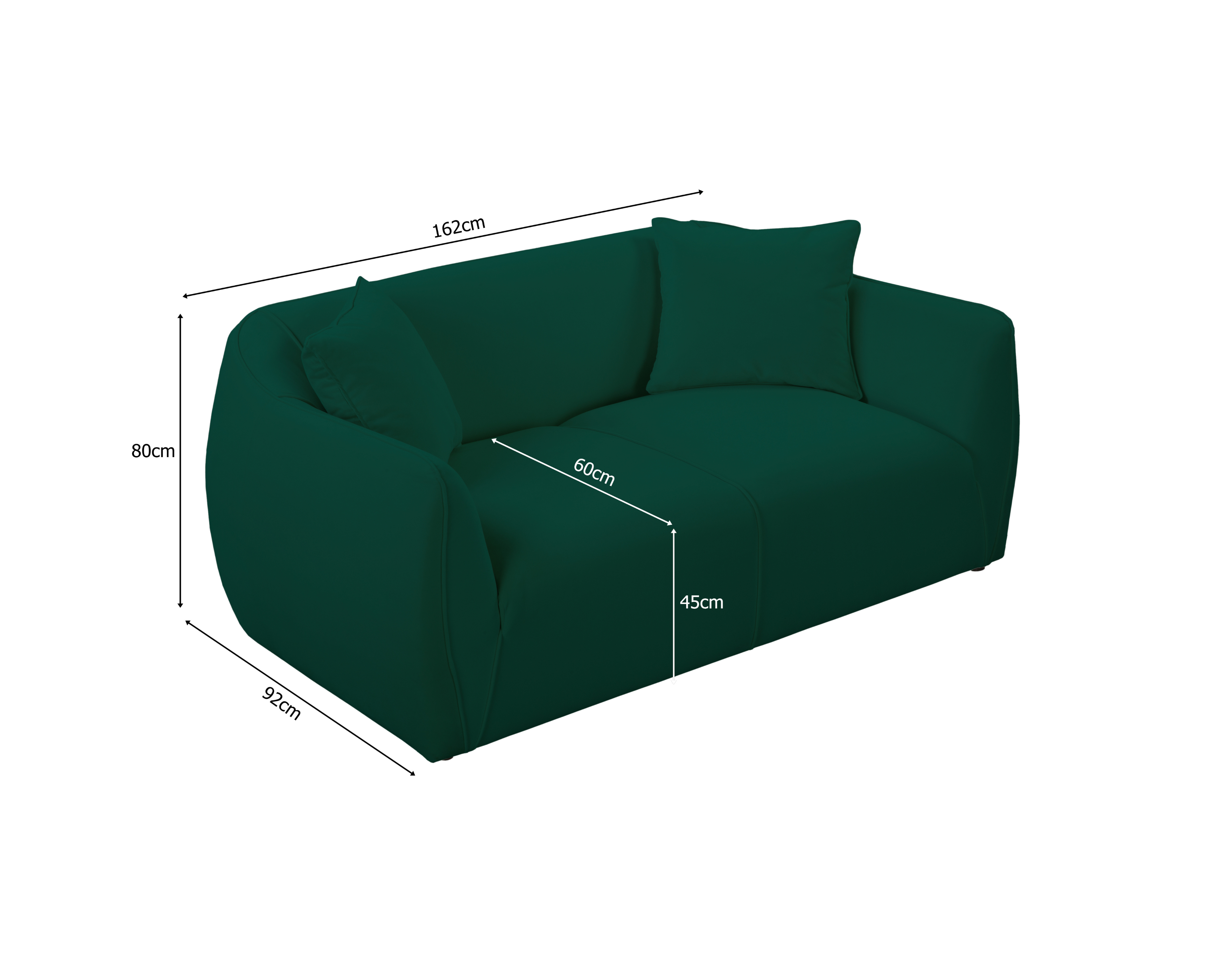 Canapé droit Meslay en tissu velours lisse vert Paname Avenue, schéma des dimensions