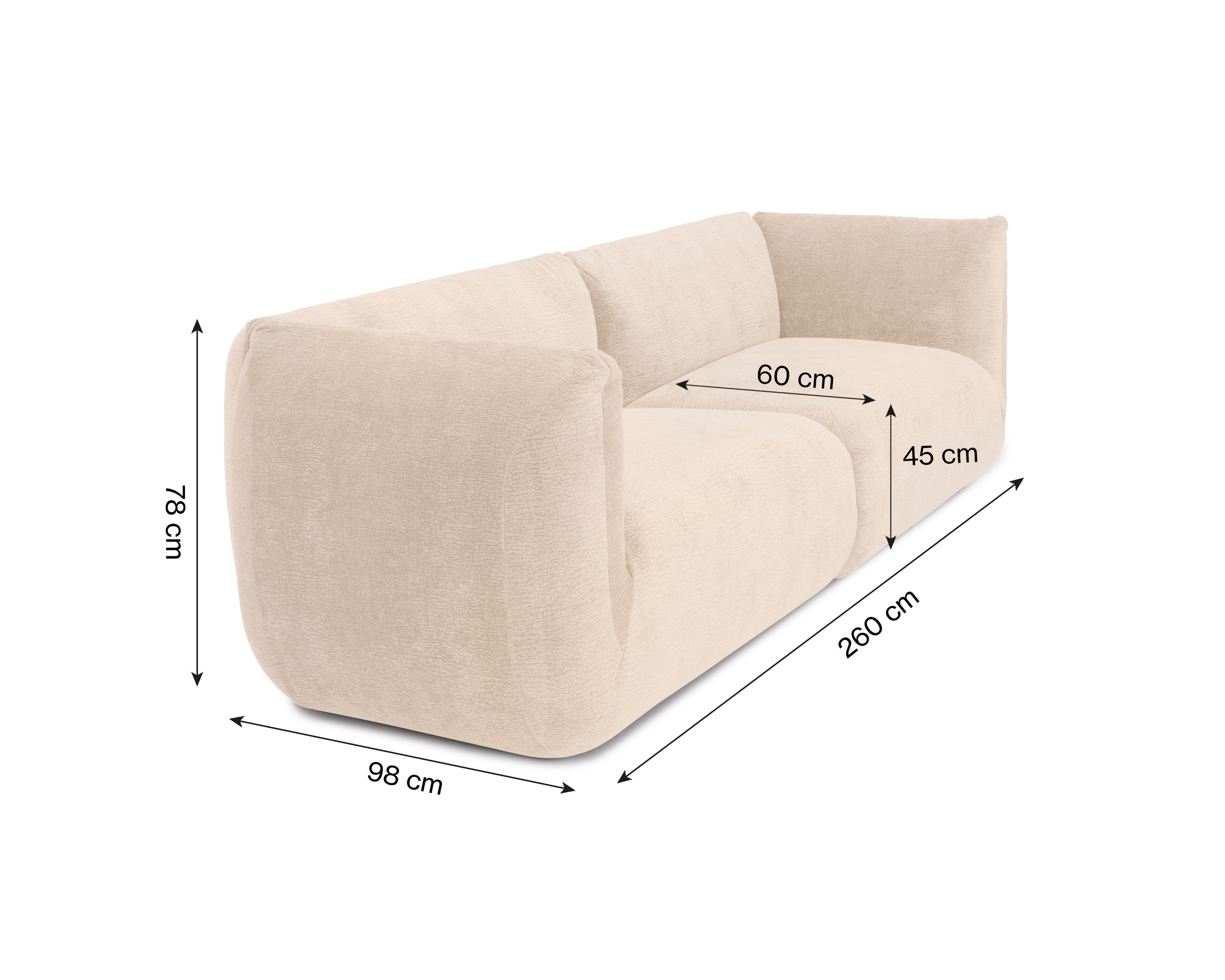 Canapé droit Portefoin en tissu chenille beige Paname Avenue, schéma des dimensions