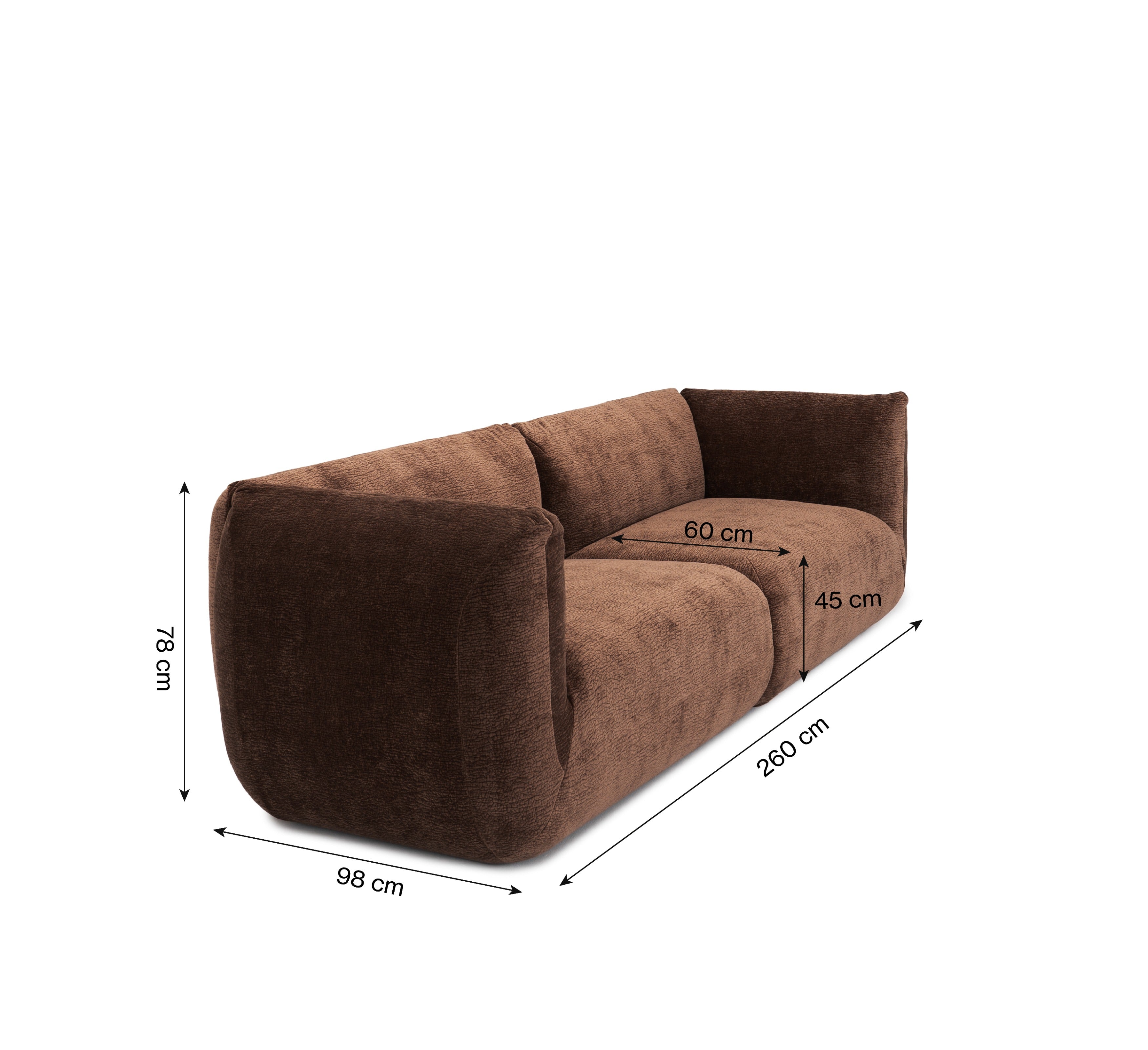 Canapé droit Portefoin en tissu chenille marron Paname Avenue, schéma des dimensions