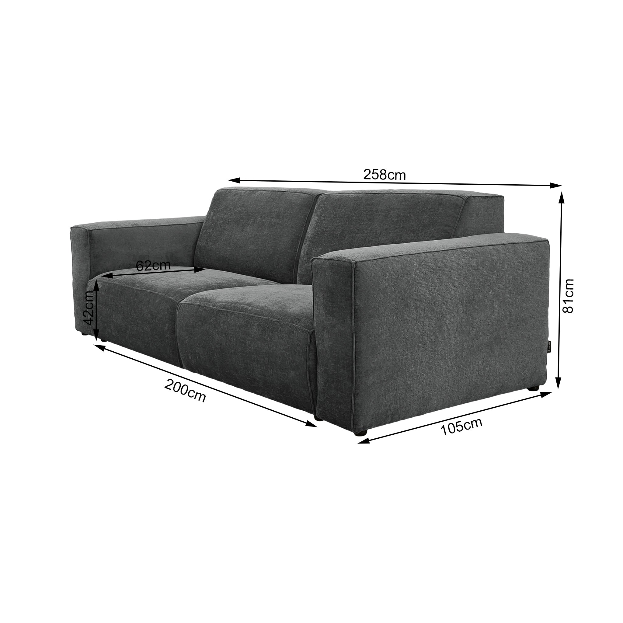 Canapé droit Pyramides en tissu chenille anthracite Paname Avenue, schéma des dimensions