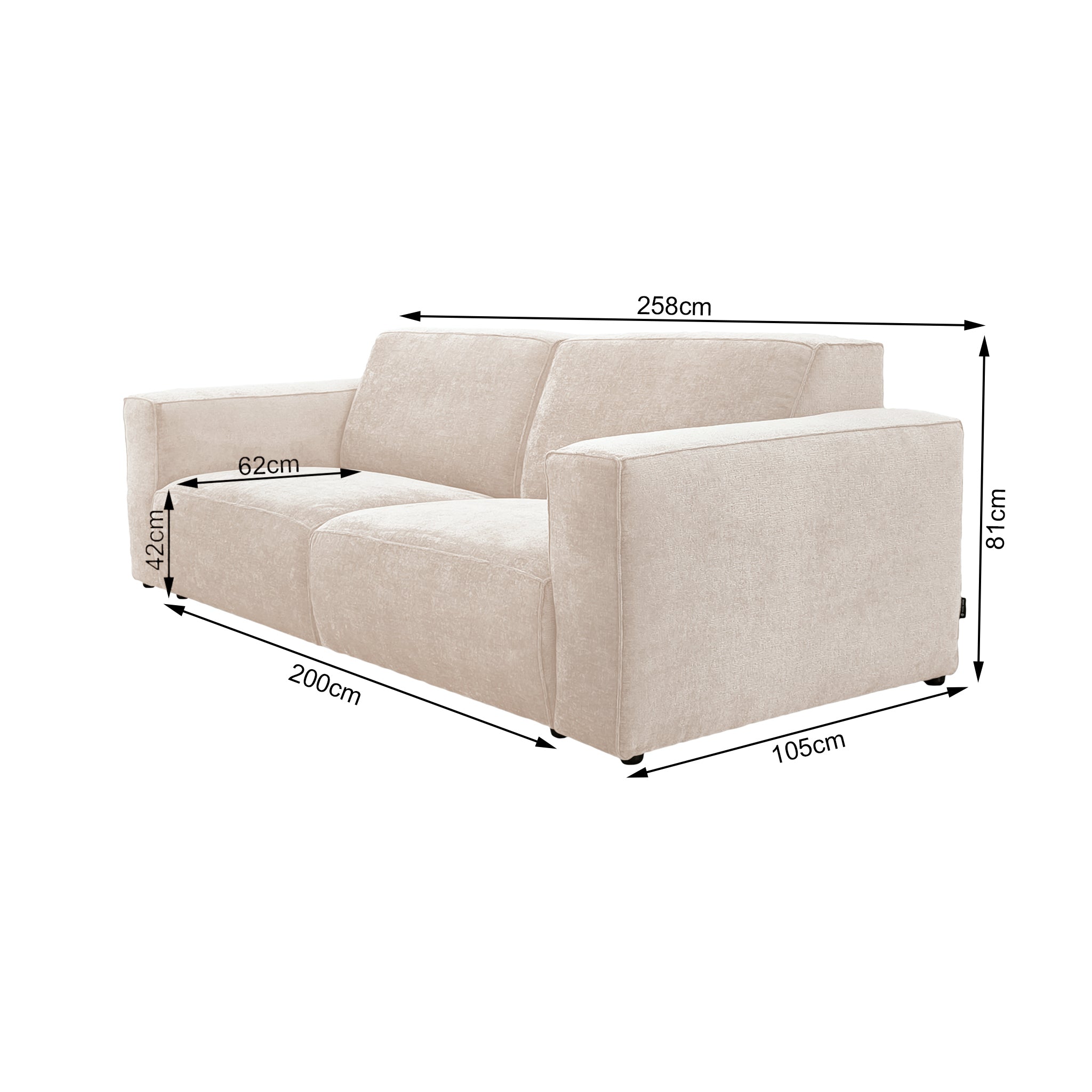 Canapé droit Pyramides en tissu chenille beige Paname Avenue, schéma des dimensions