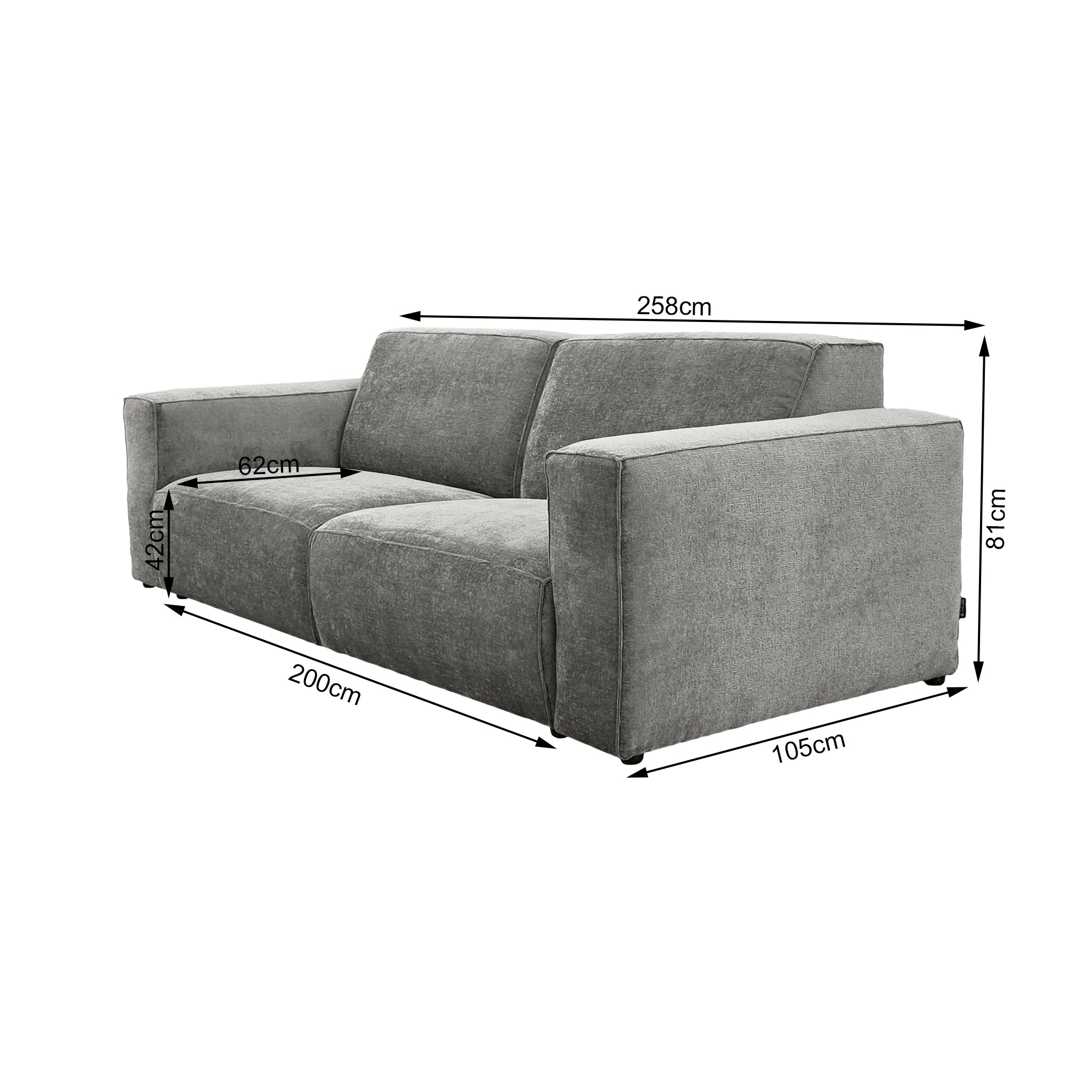 Canapé droit Pyramides en tissu chenille gris Paname Avenue, schéma des dimensions