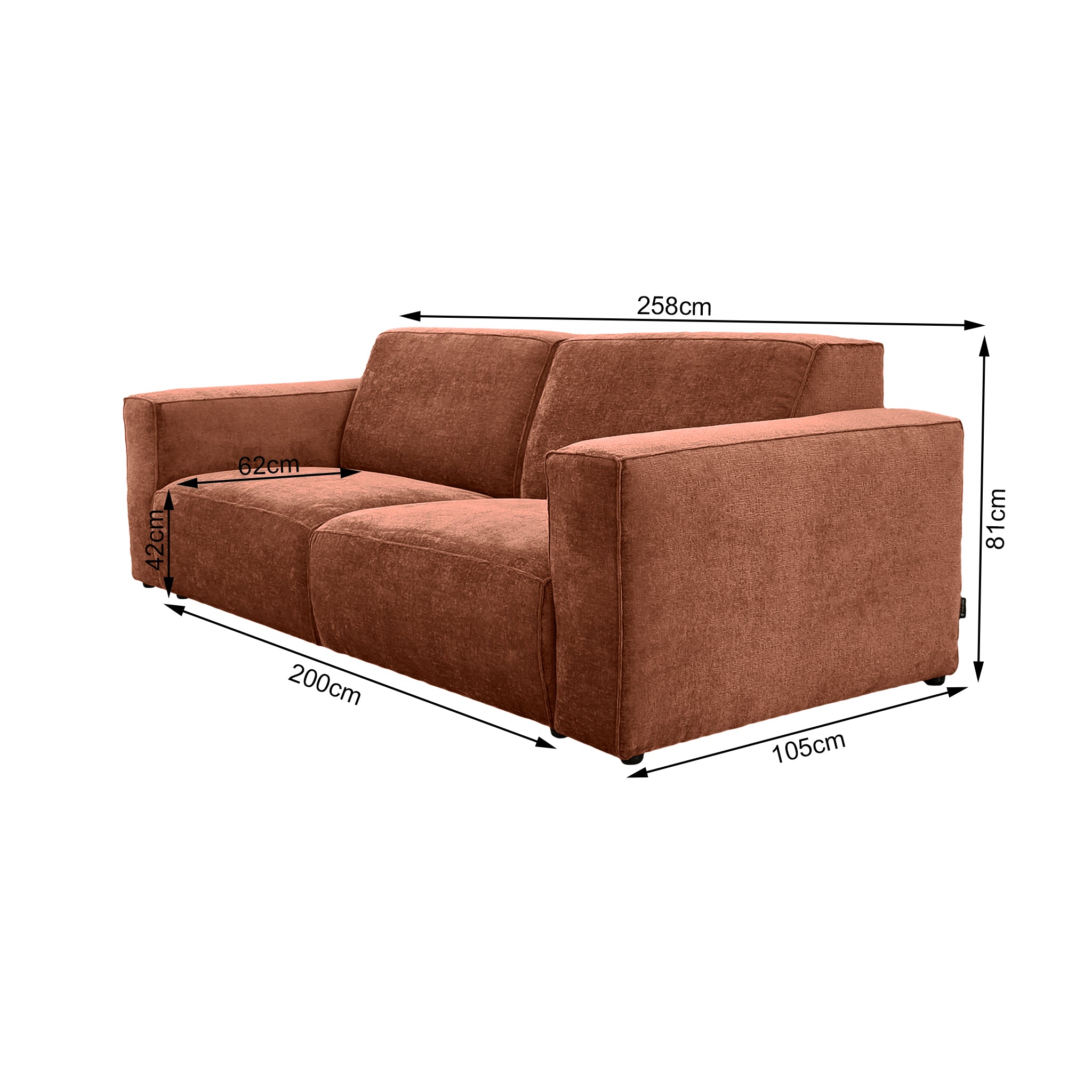 Canapé droit Pyramides en tissu chenille terracotta Paname Avenue, schéma des dimensions