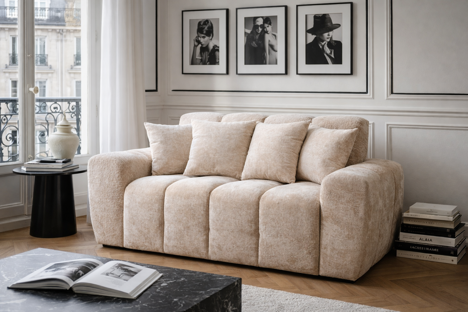 Canapé droit Saint-André-des-Arts en tissu chenille beige Paname Avenue, dans un décor inspire au quartier parisien