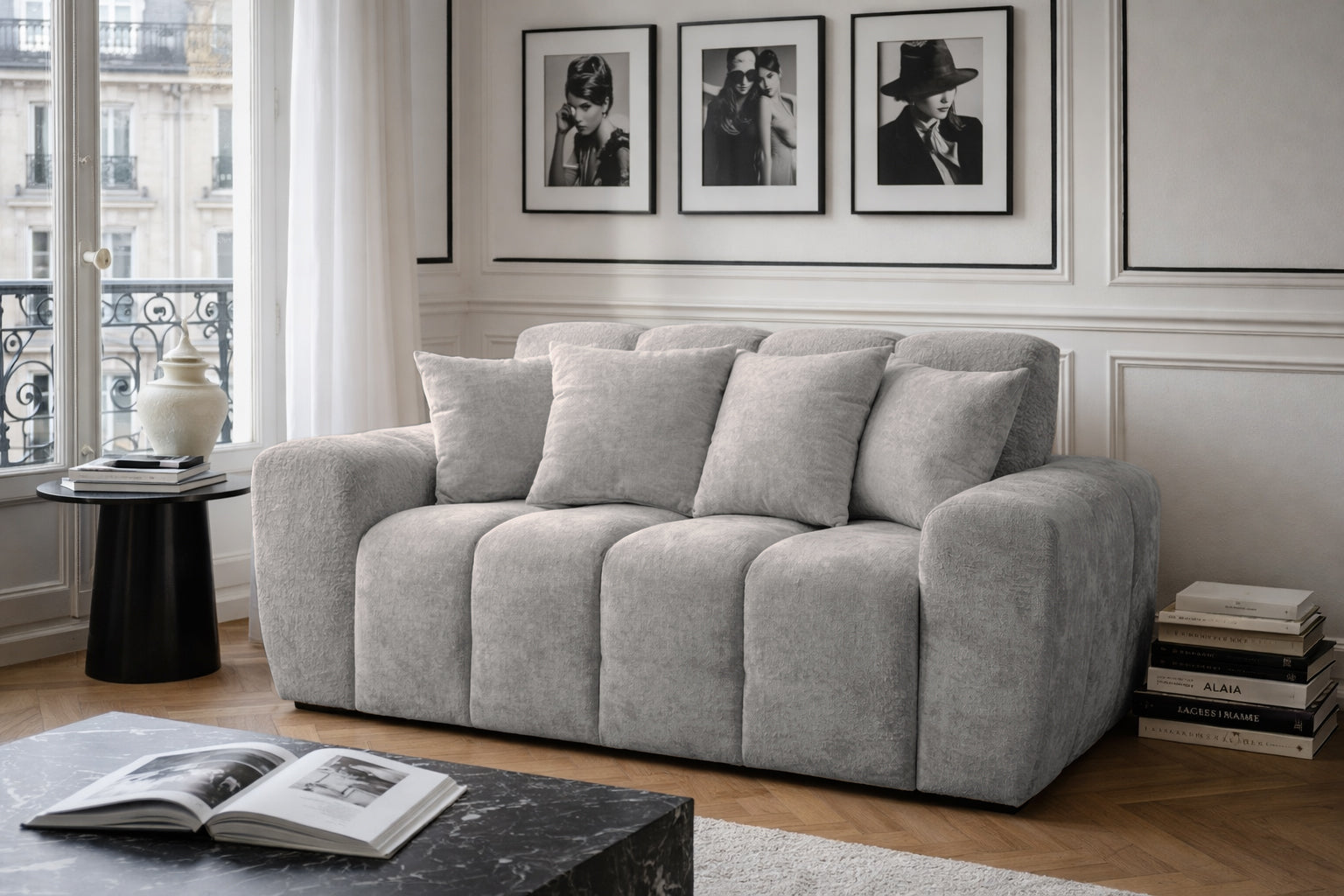 Canapé droit Saint-André-des-Arts en tissu chenille gris Paname Avenue, dans un décor inspire au quartier parisien