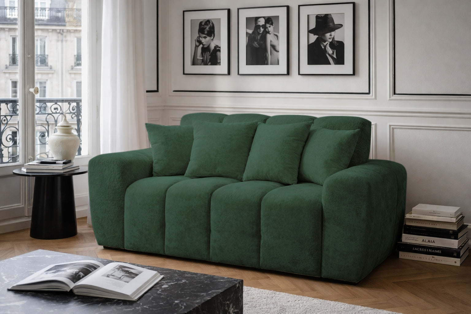 Canapé droit Saint-André-des-Arts en tissu chenille vert Paname Avenue, dans un décor inspire au quartier parisien