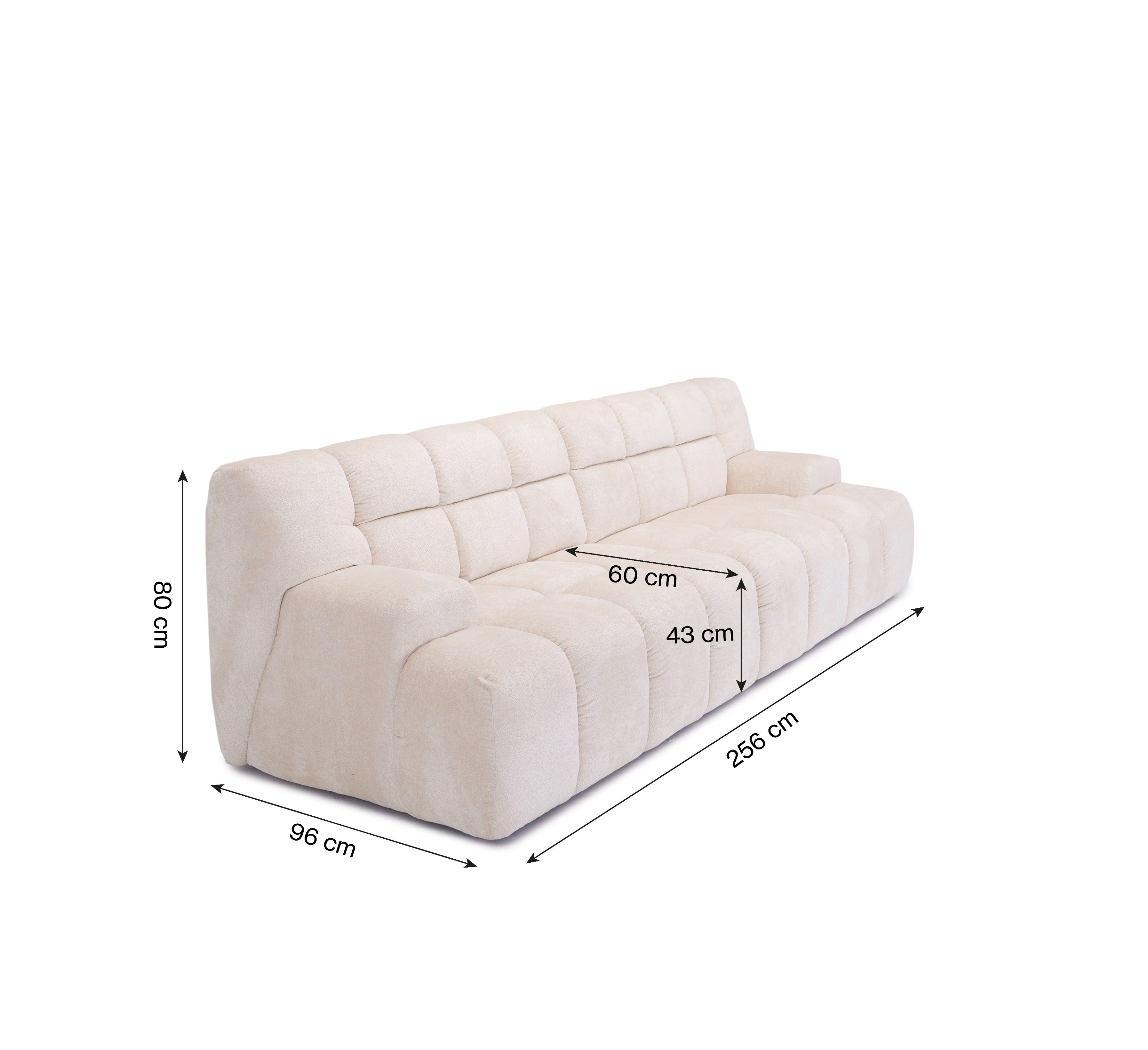 Canapé droit Saint-Honoré en tissu chenille crème Paname Avenue, schéma des dimensions