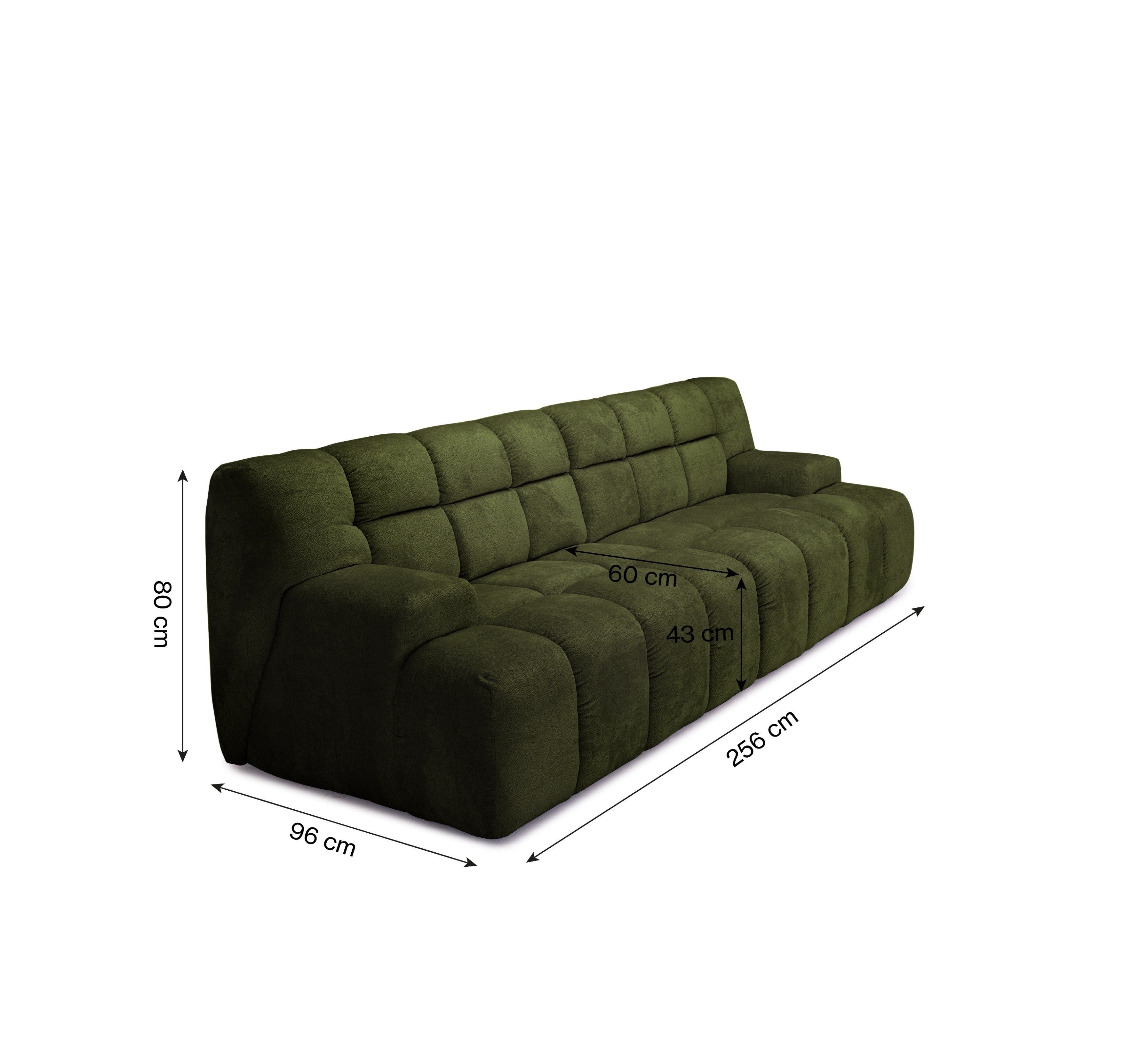 Canapé droit Saint-Honoré en tissu chenille vert olive Paname Avenue, schéma des dimensions