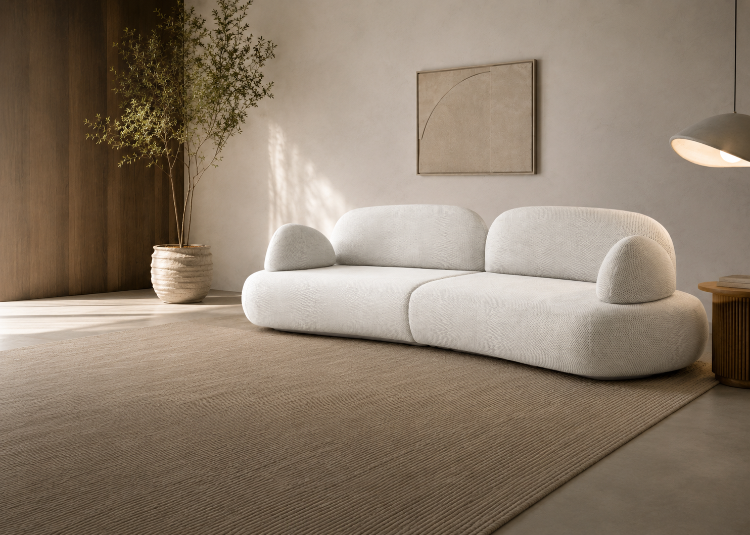 Canapé droit Sedaine en tissu chenille blanc Paname Avenue - design aux lignes organiques dans un salon contemporain