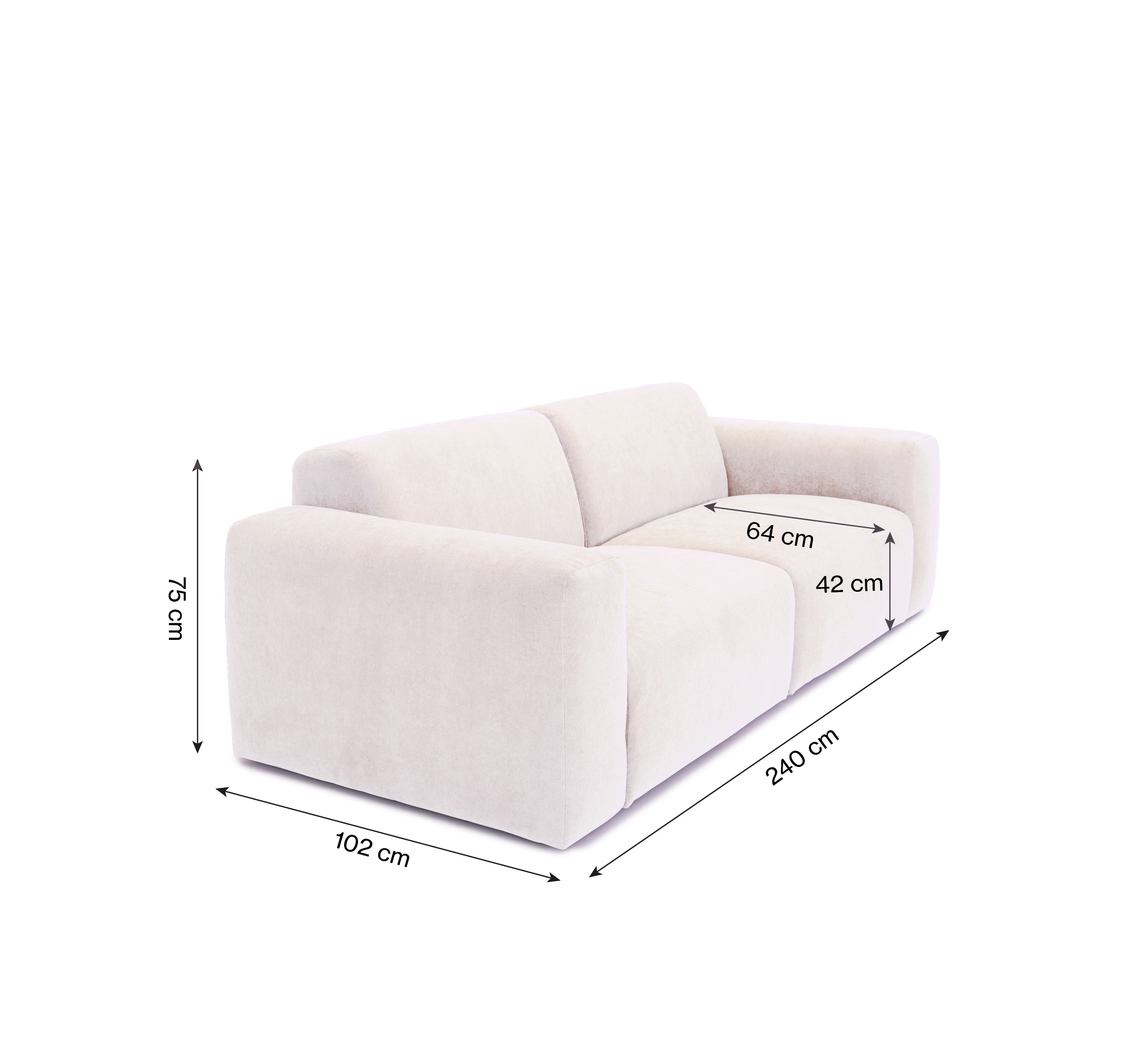 Canapé droit Seine en tissu chenille beige Paname Avenue, schéma des dimensions
