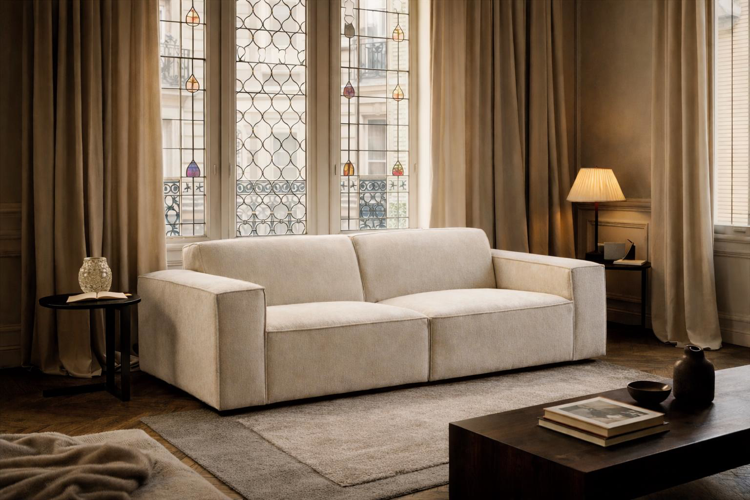 Canapé droit Gabrielle en tissu chenille beige Paname Avenue, dans un décor inspire au quartier parisien