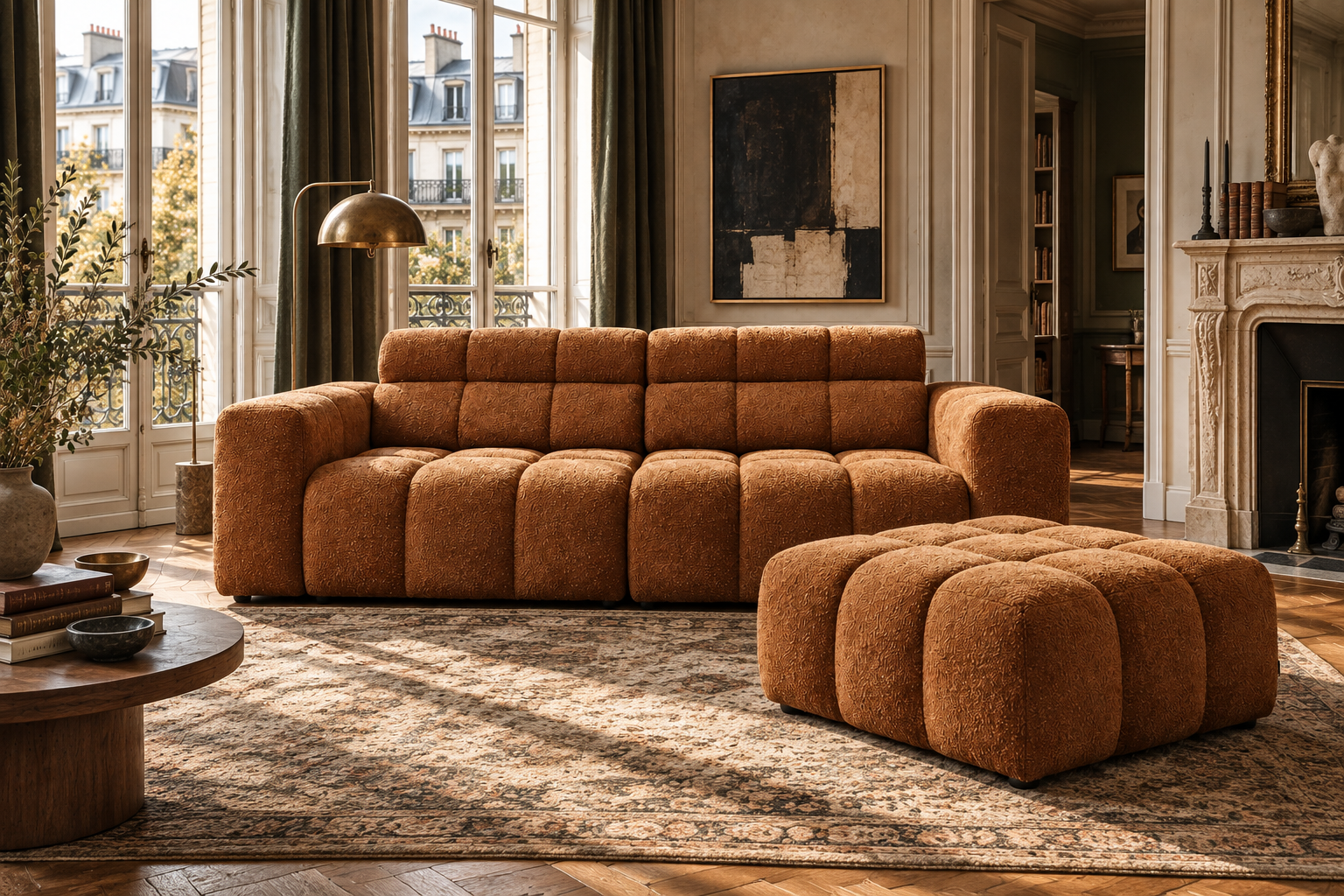 Canapé droit 4 places Colonel-Driant et pouf carré Taylor en bouclette terracotta, disposés séparément dans un salon parisien lumineux.