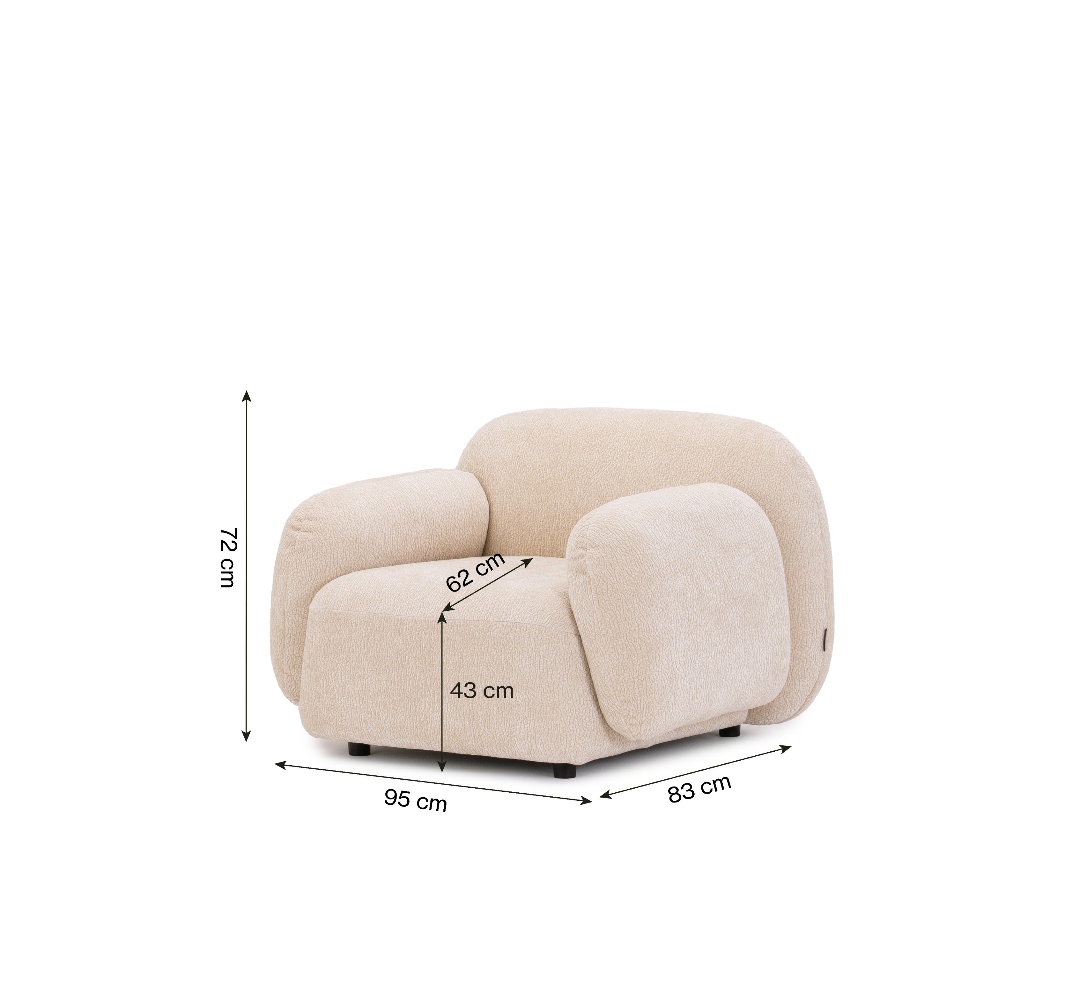 Fauteuil Fontaine en tissu chenille beige Paname Avenue, schéma des dimensions