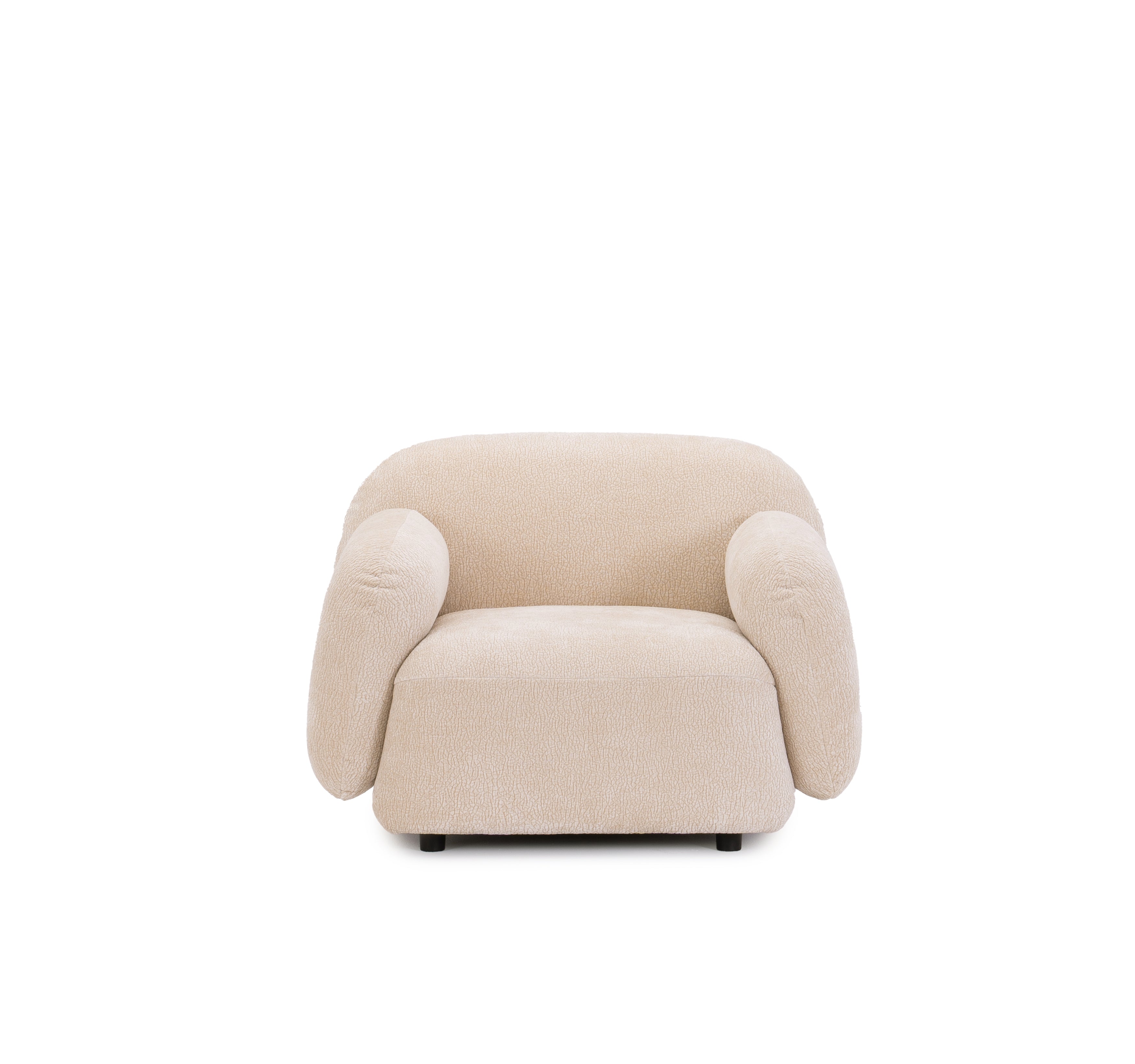 Fauteuil Fontaine en tissu chenille beige Paname Avenue, vue de face sur fond blanc