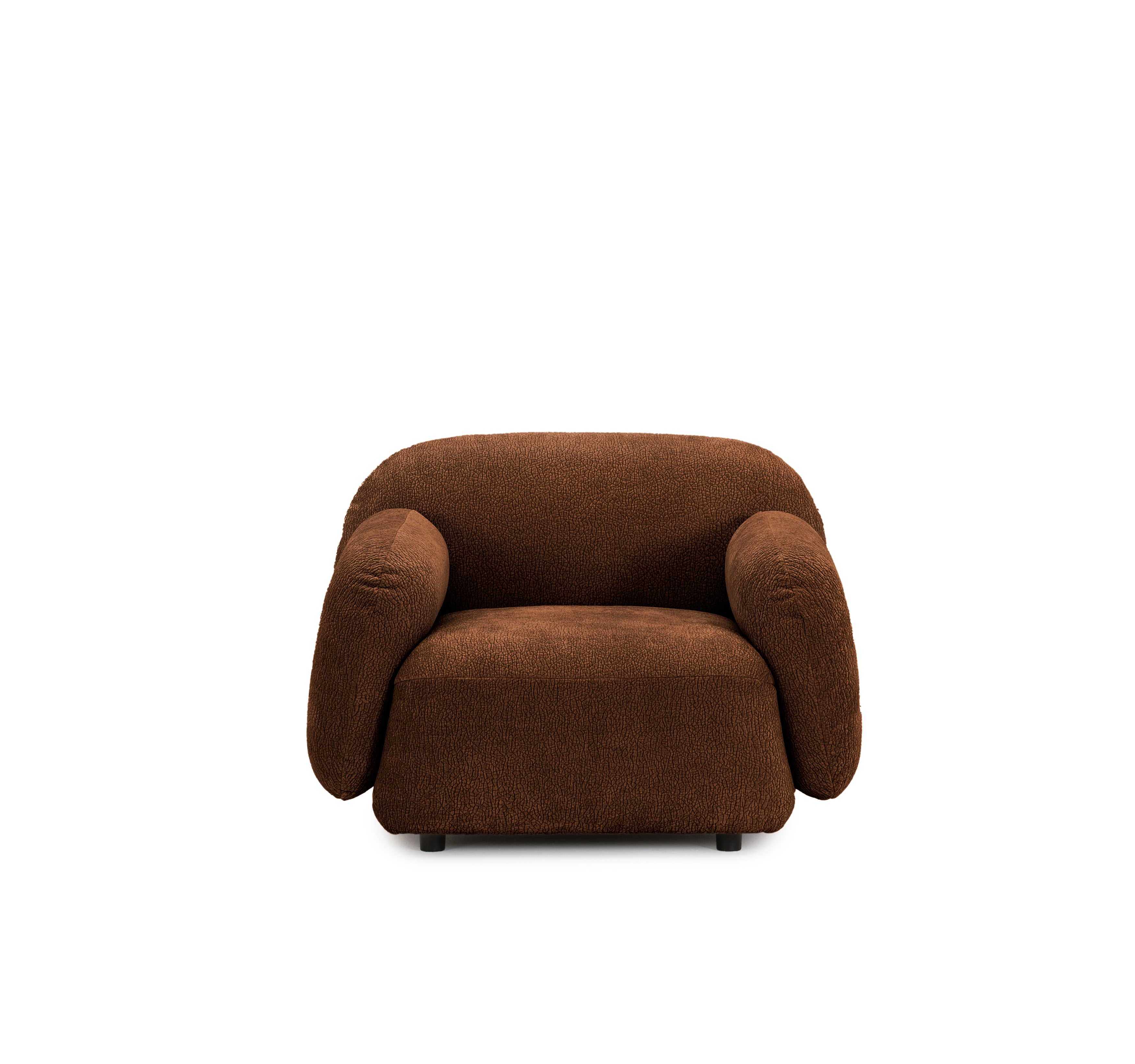 Fauteuil Fontaine en tissu chenille marron Paname Avenue, vue de face sur fond blanc
