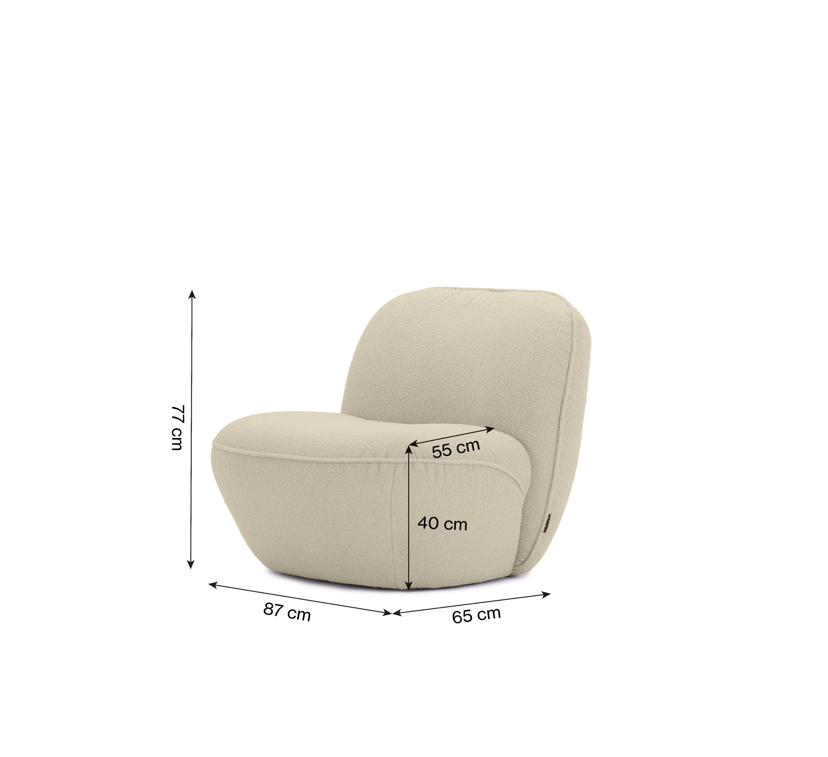 Fauteuil Louvre en tissu bouclette beige Paname Avenue, schéma des dimensions
