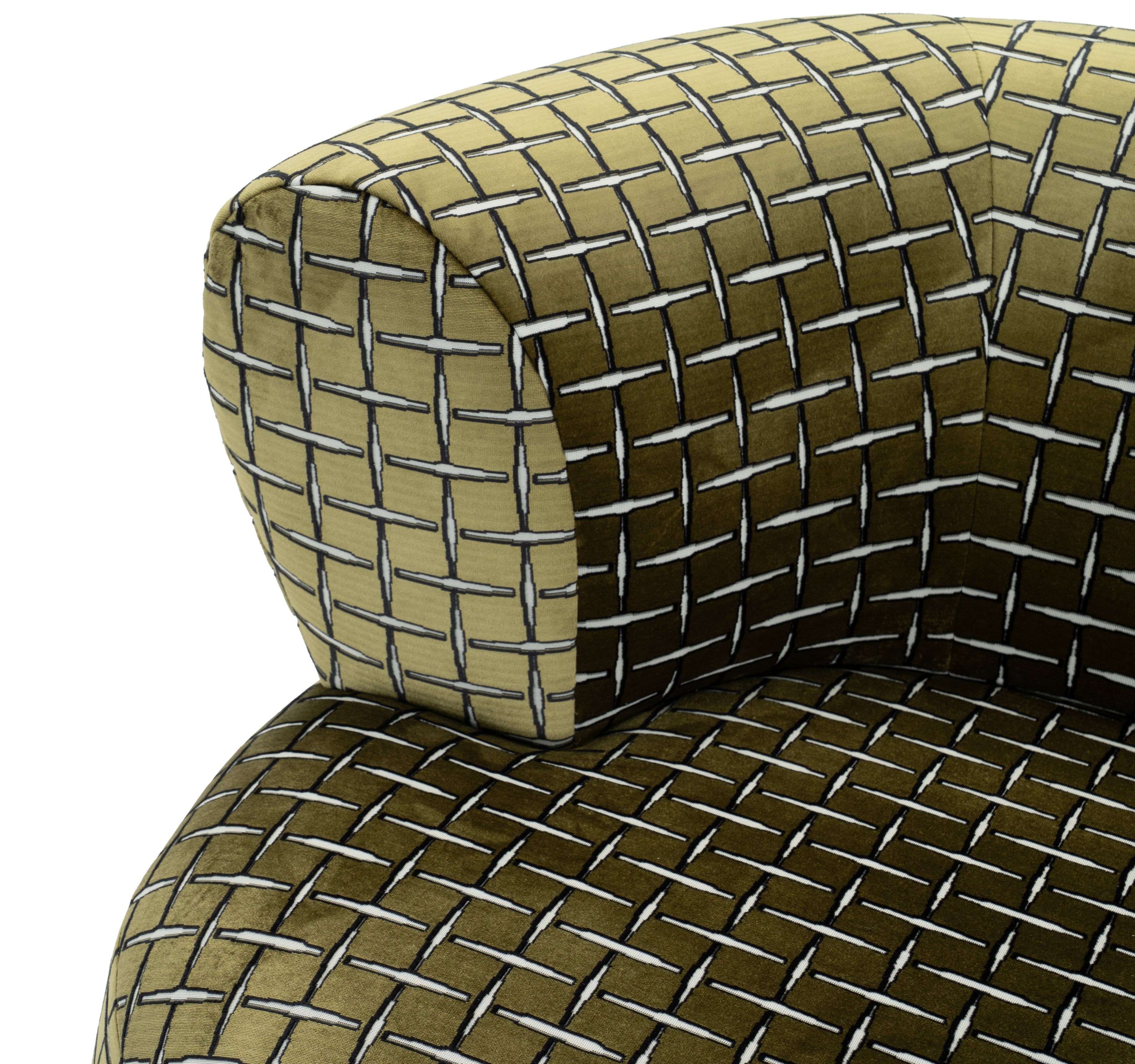 Fauteuil Montorgueil en tissu velours lisse vert olive Paname Avenue, zoom sur l’accoudoir