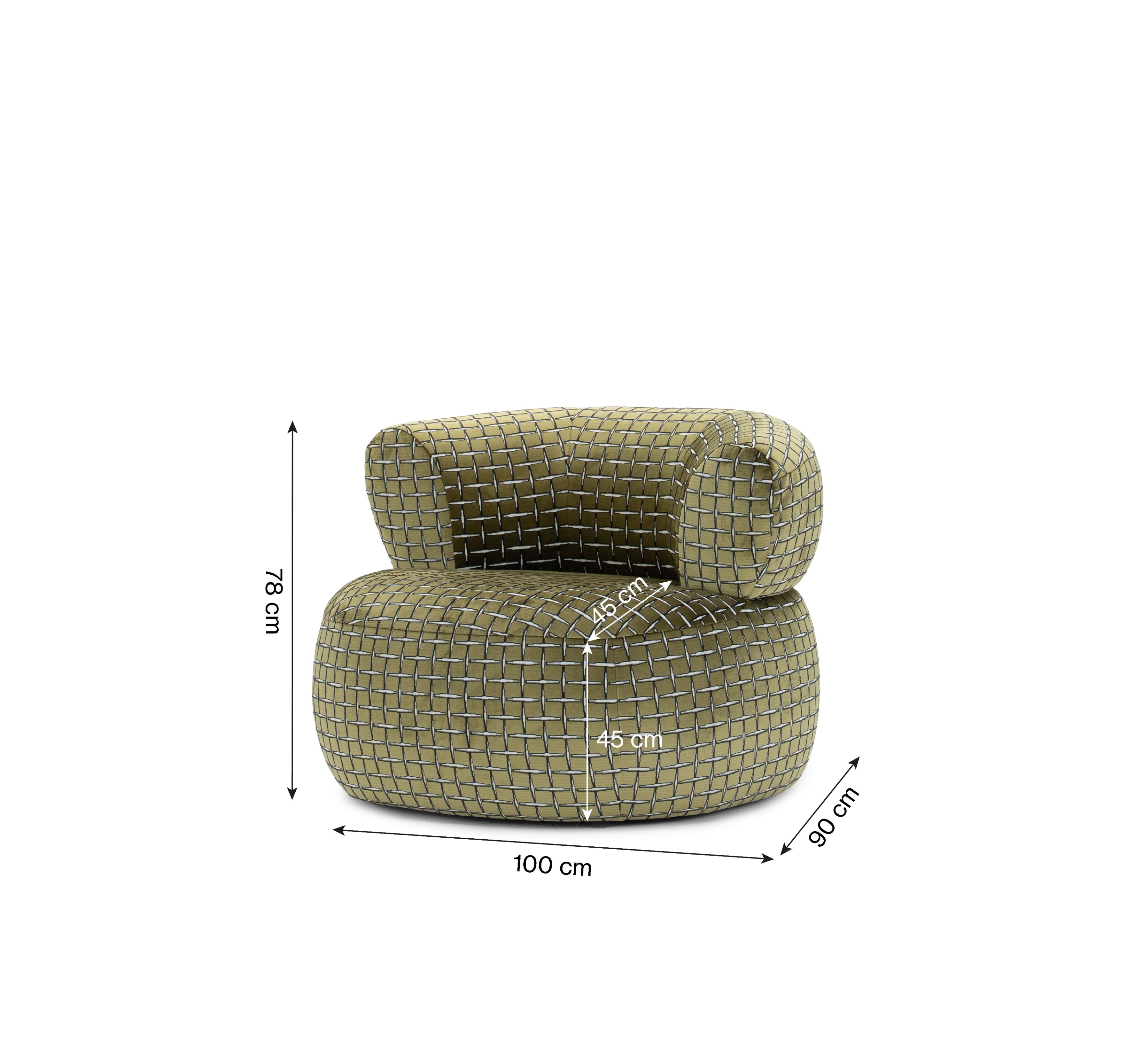 Fauteuil Montorgueil en tissu velours lisse vert olive Paname Avenue, schéma des dimensions