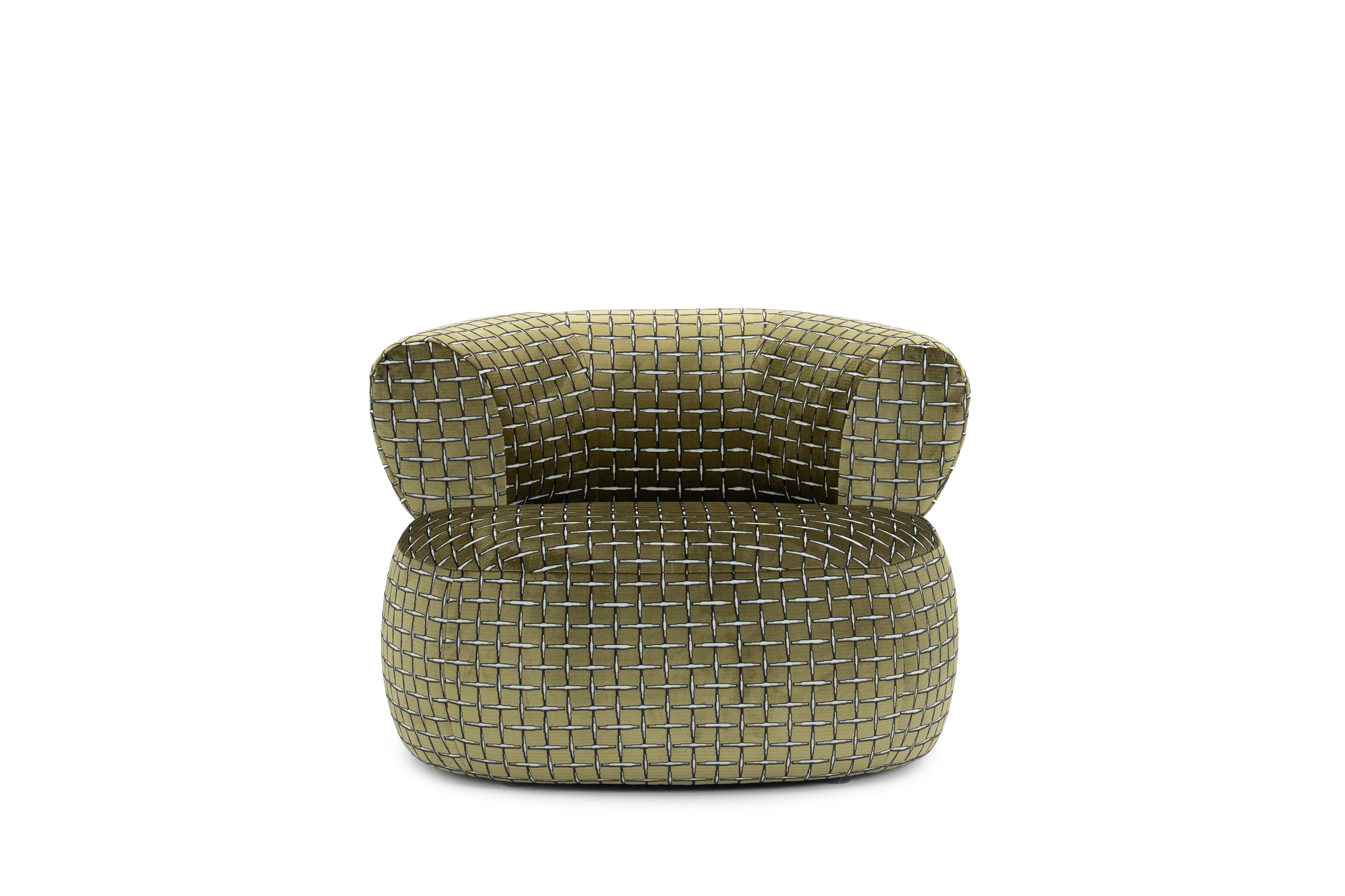 Fauteuil Montorgueil en tissu velours lisse vert olive Paname Avenue, vue de face sur fond blanc