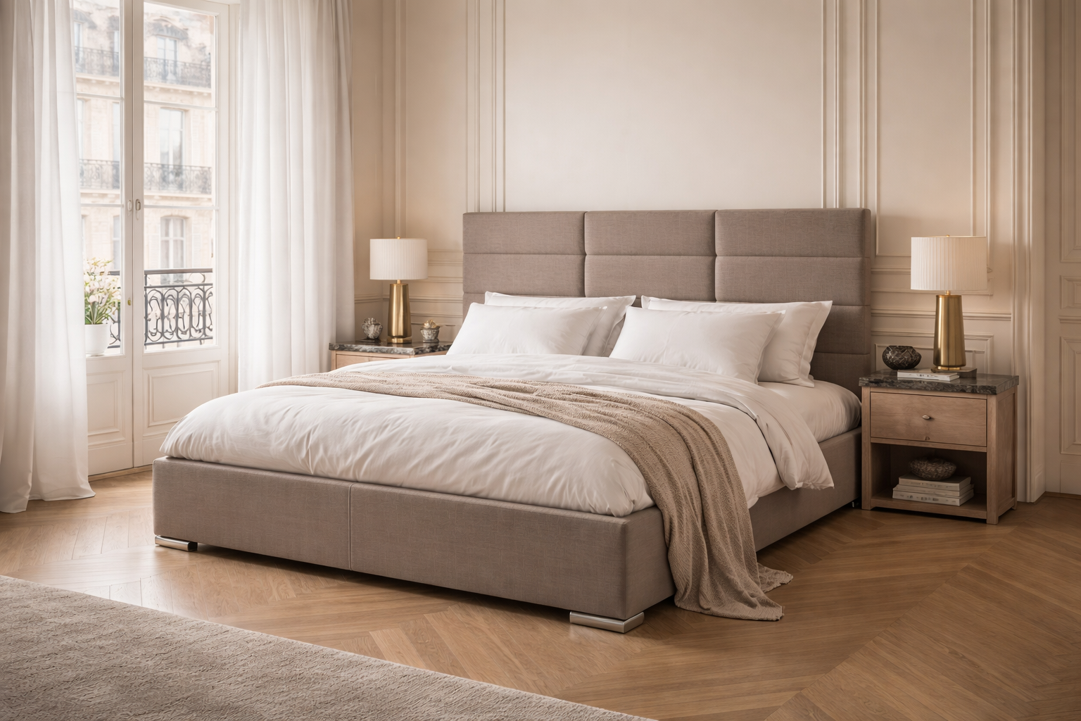 Lit 160x200 Victor Masse en tissu chenille dans une chambre d’appartement parisien avec décoration intérieure élégante