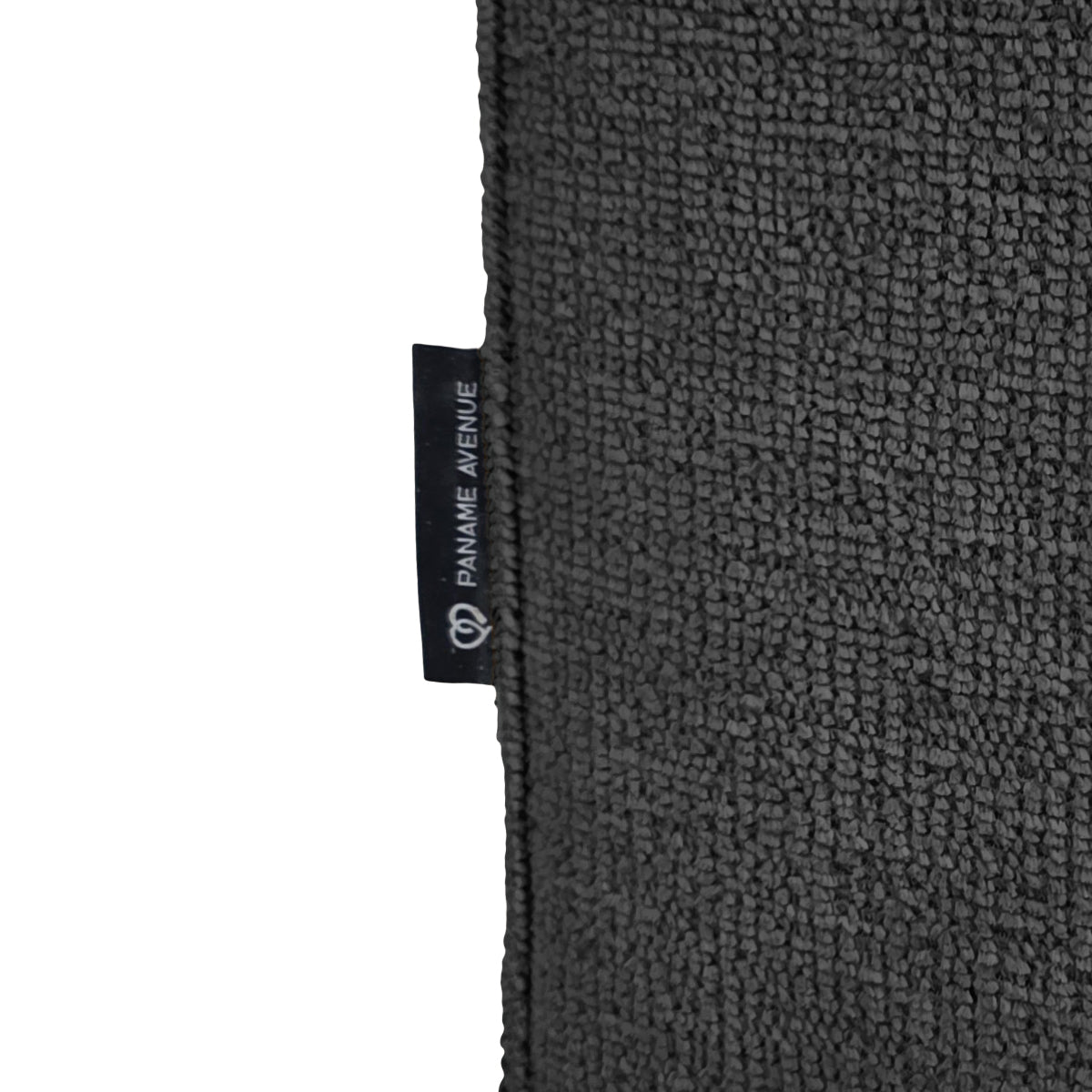 Pouf Écouffes en tissu chenille anthracite Paname Avenue, détail du label de la marque