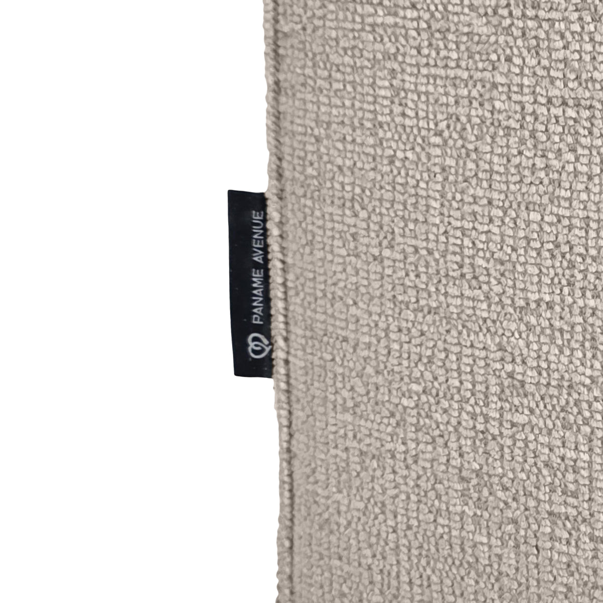 Pouf Écouffes en tissu chenille beige Paname Avenue, détail du label de la marque