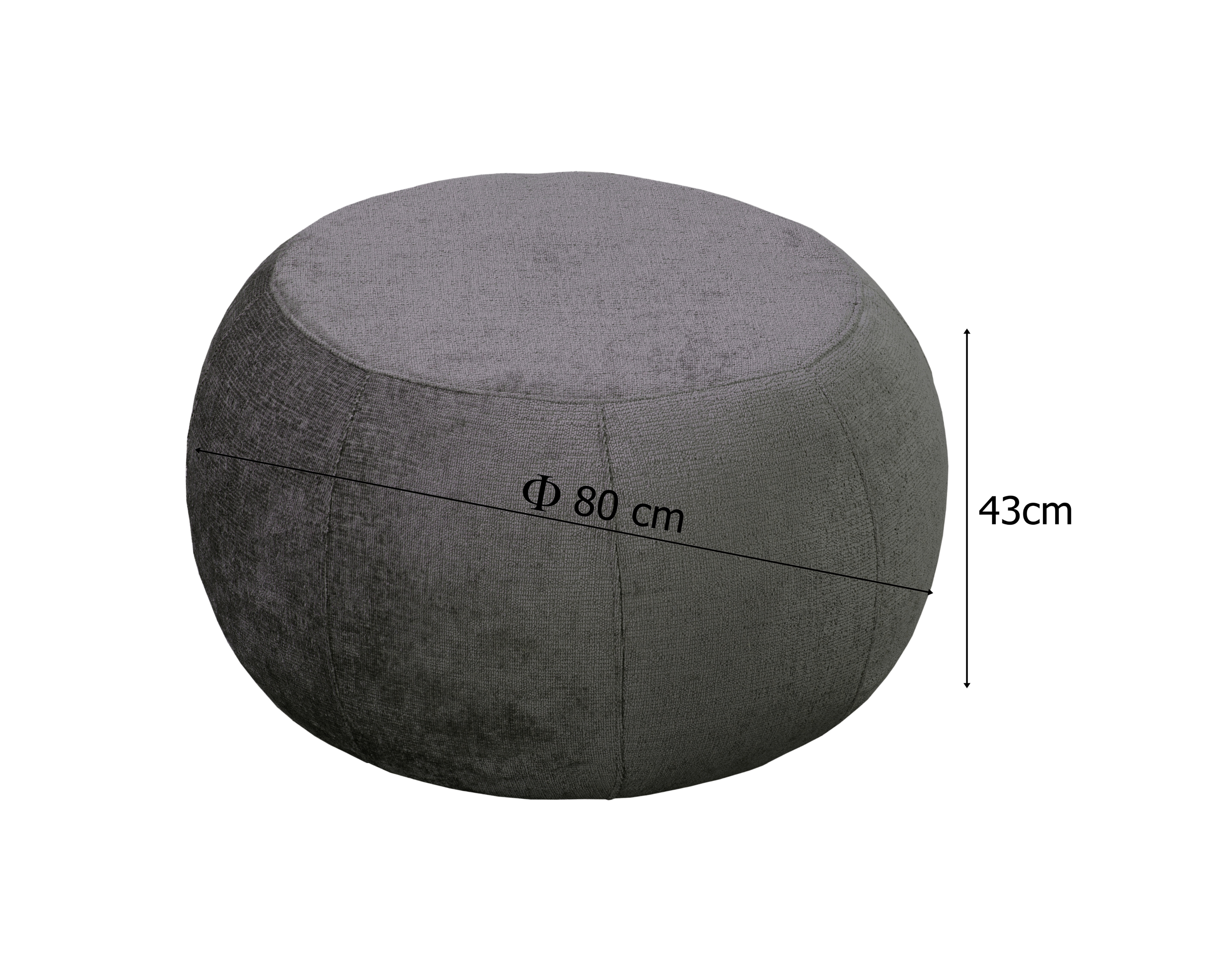 Pouf Verrerie en tissu chenille anthracite Paname Avenue, schéma des dimensions