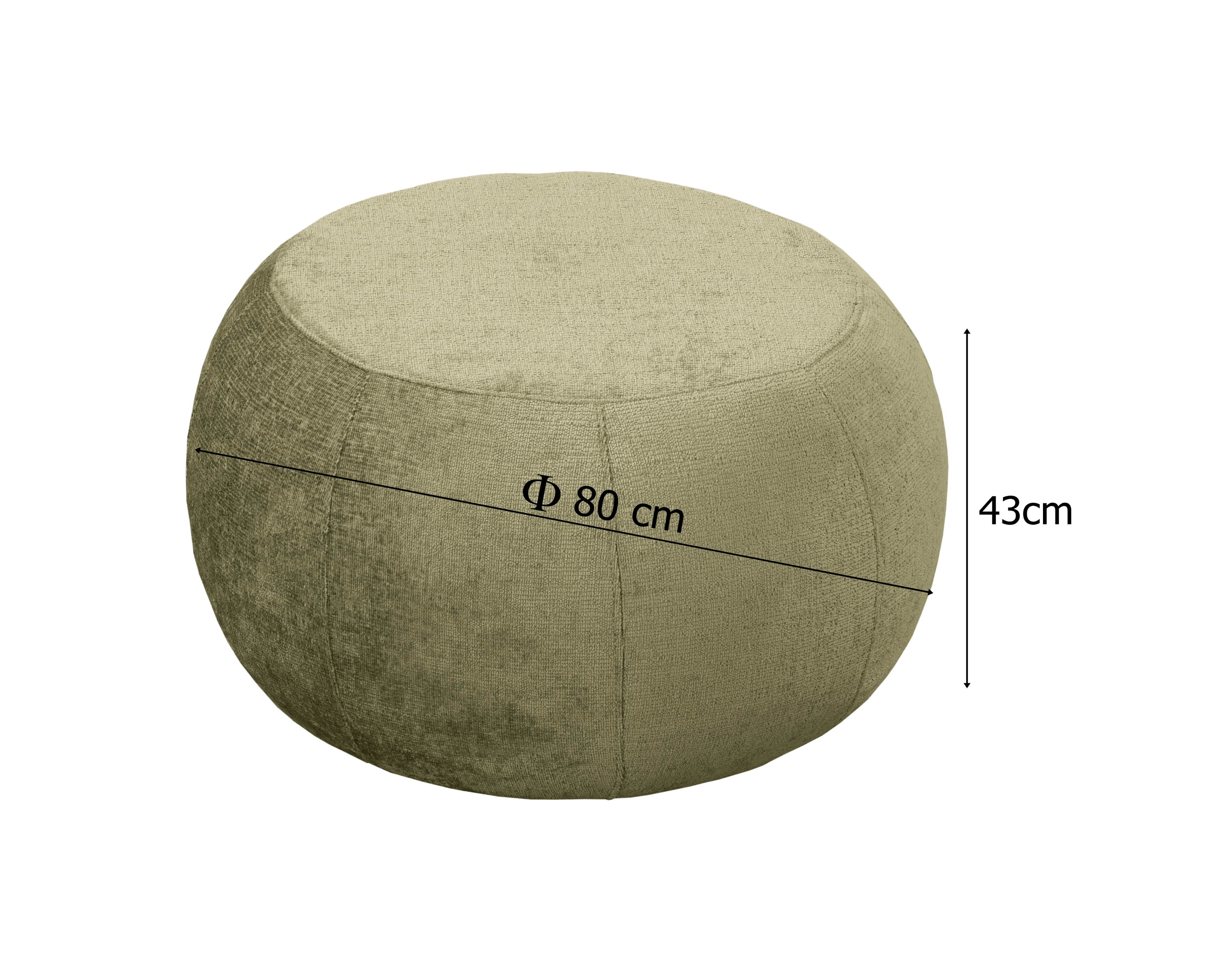 Pouf Verrerie en tissu chenille vert olive Paname Avenue, schéma des dimensions