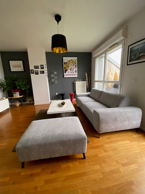 Retour client du canapé droit 4 places Frochot en tissu chenille ainsi que le pouf Douai en gris discret de chez Paname Avenue en vue de profil dans un salon original et un parquet massif.