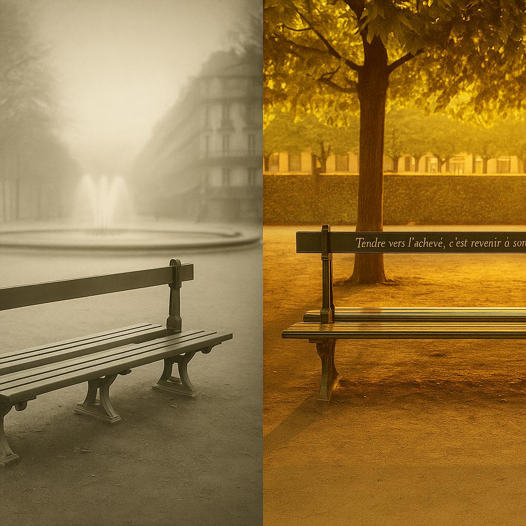 Bancs publics parisiens entre brume et lumière dorée, révélant deux atmosphères poétiques de la ville.