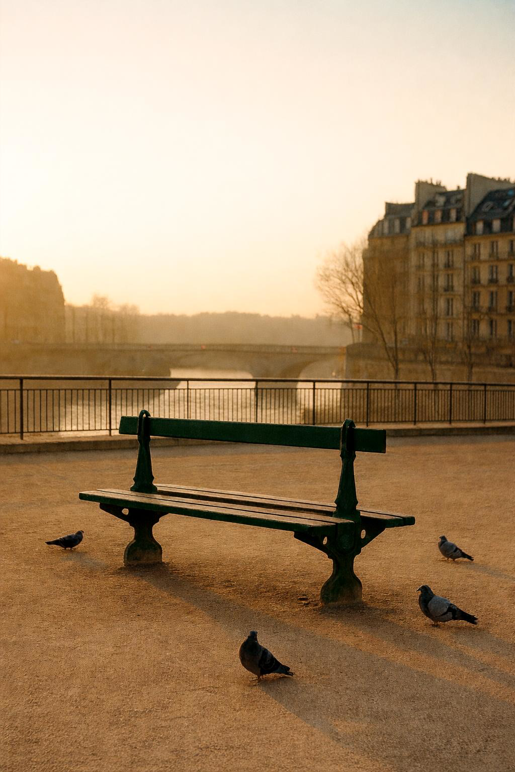 Banc public parisien au bord de la Seine au lever du jour, avec des pigeons et des immeubles haussmanniens en arrière-plan.