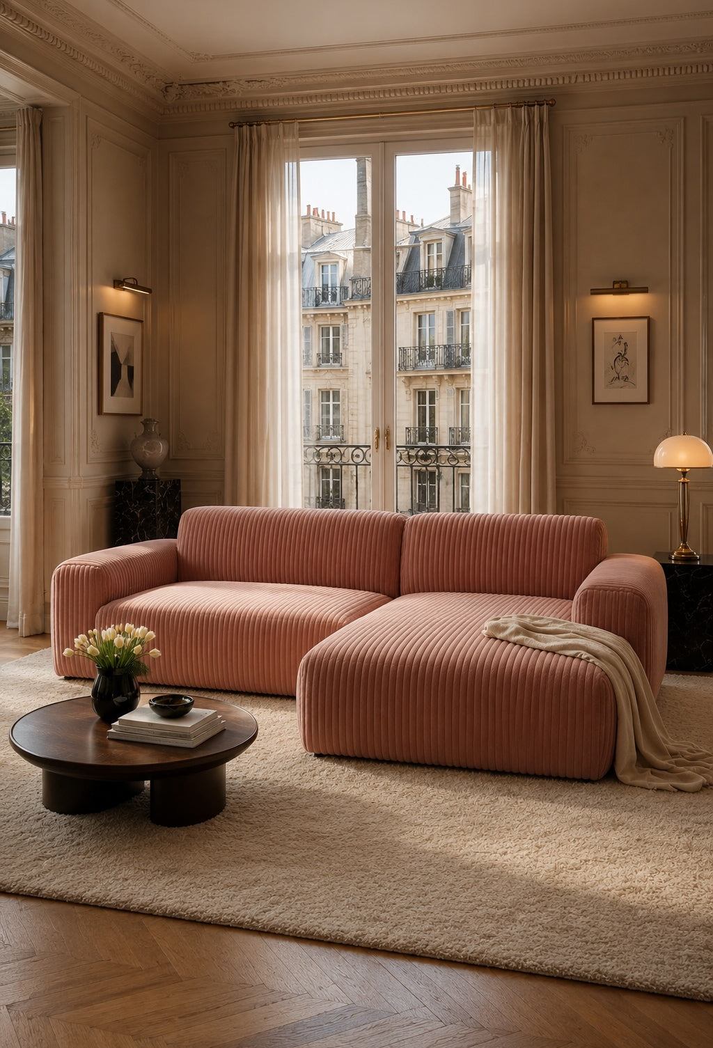 Canapé d'angle Bruxelles en tissu côtelé rose dans un salon haussmannien élégant avec table basse ronde en bois, parquet point de Hongrie et ambiance chaleureuse