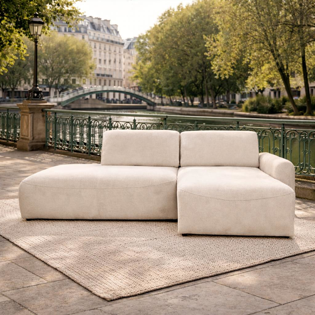 Canapé d'angle Château d'Eau de Paname Avenue dans un décor parisien extérieur du quartier Canal Nord
