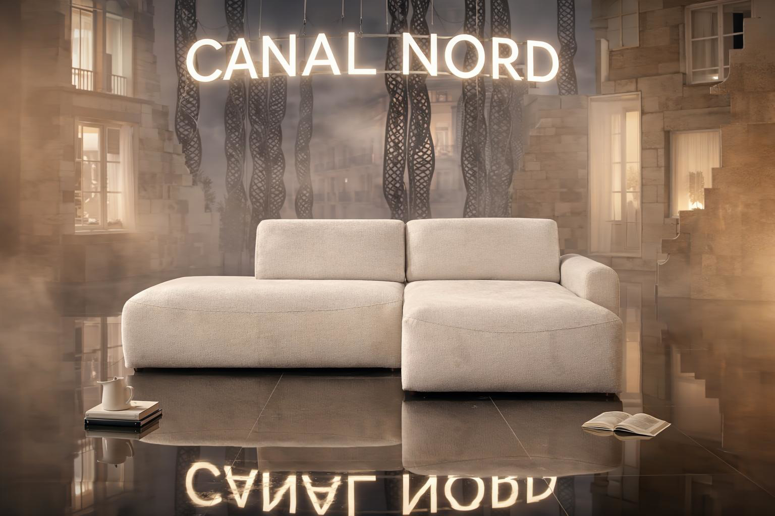 Canapé d'angle Château d'Eau Paname Avenue dans un décor urbain stylisé, avec l’inscription lumineuse ‘Canal Nord’ au-dessus et un sol brillant reflétant la scène.