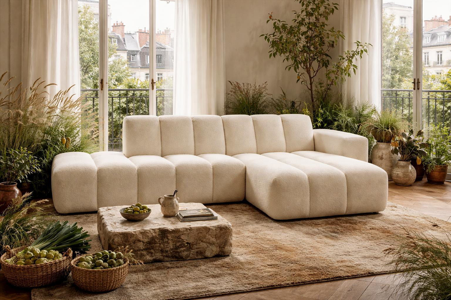 Canapé d'angle Chemin Vert de Paname Avenue dans un salon au style naturel contemporain, avec une forte influence wabi-sabi et méditerranéenne.