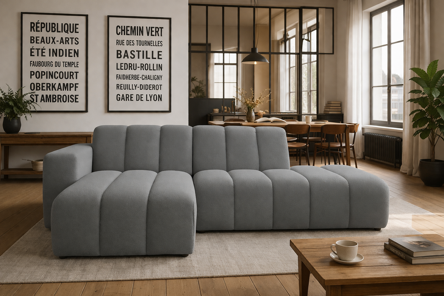 Canapé d’angle Chemin Vert dans un salon d’appartement parisien avec décoration intérieure élégante
