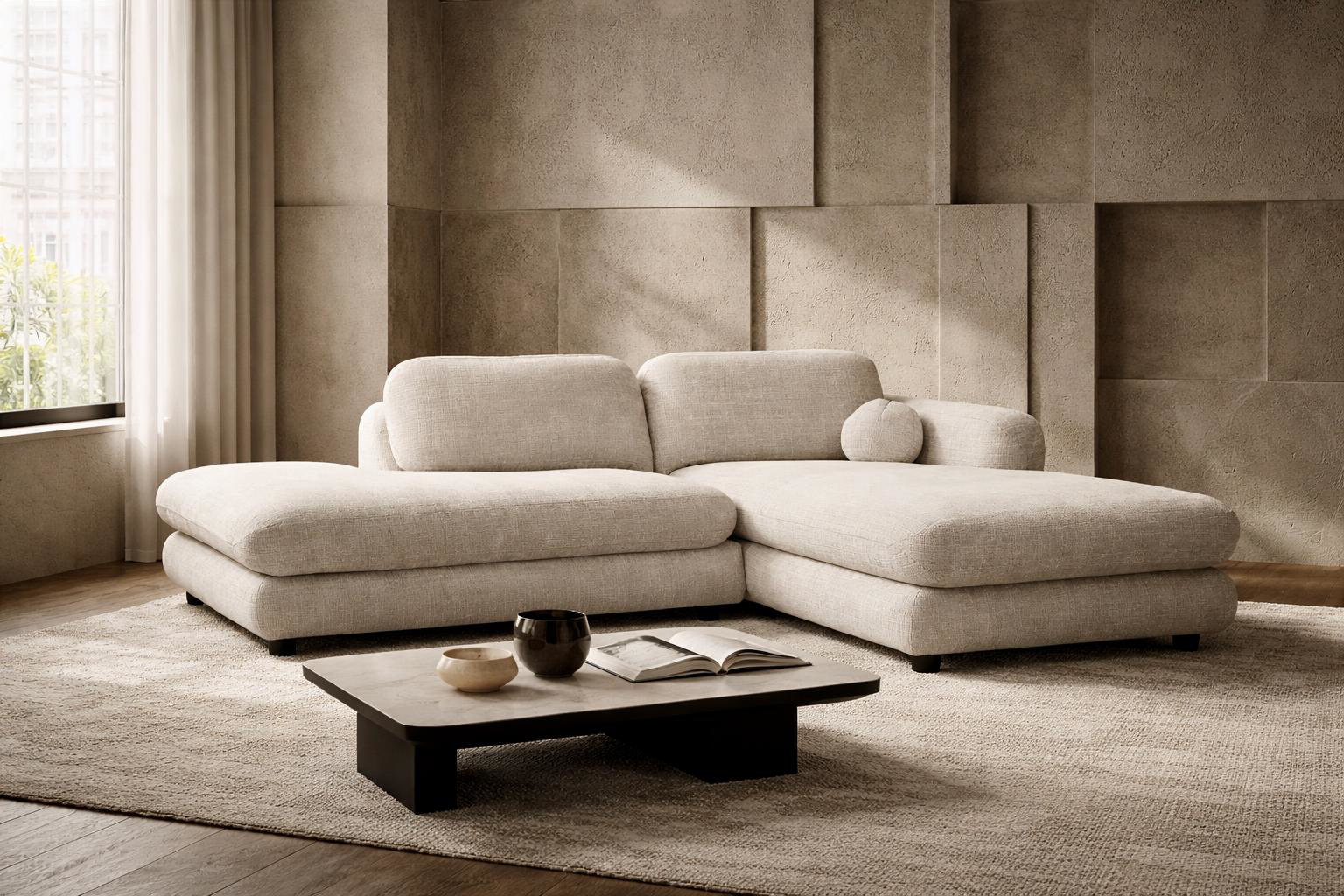 Canapé d'angle Clef de la collection Contrescarrpe de Paname Avenue dans un salon minimaliste au style brutaliste