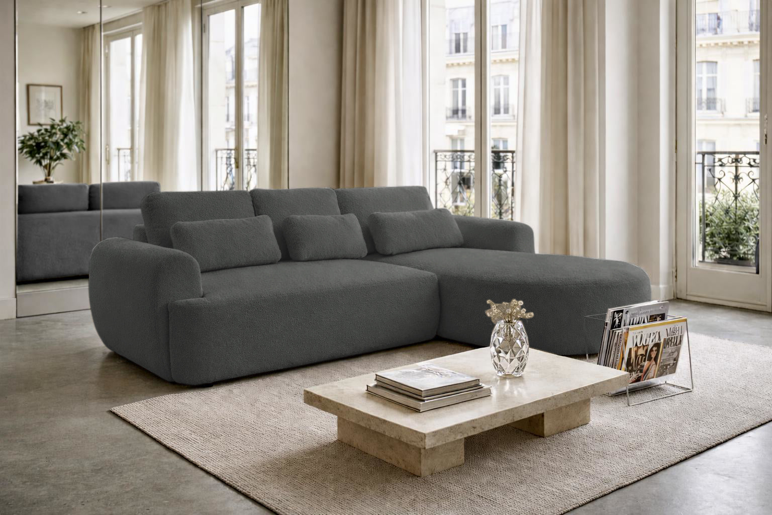 Canapé d’angle droit Aboukir en tissu bouclette anthracite Paname Avenue, dans un décor inspire au quartier parisien