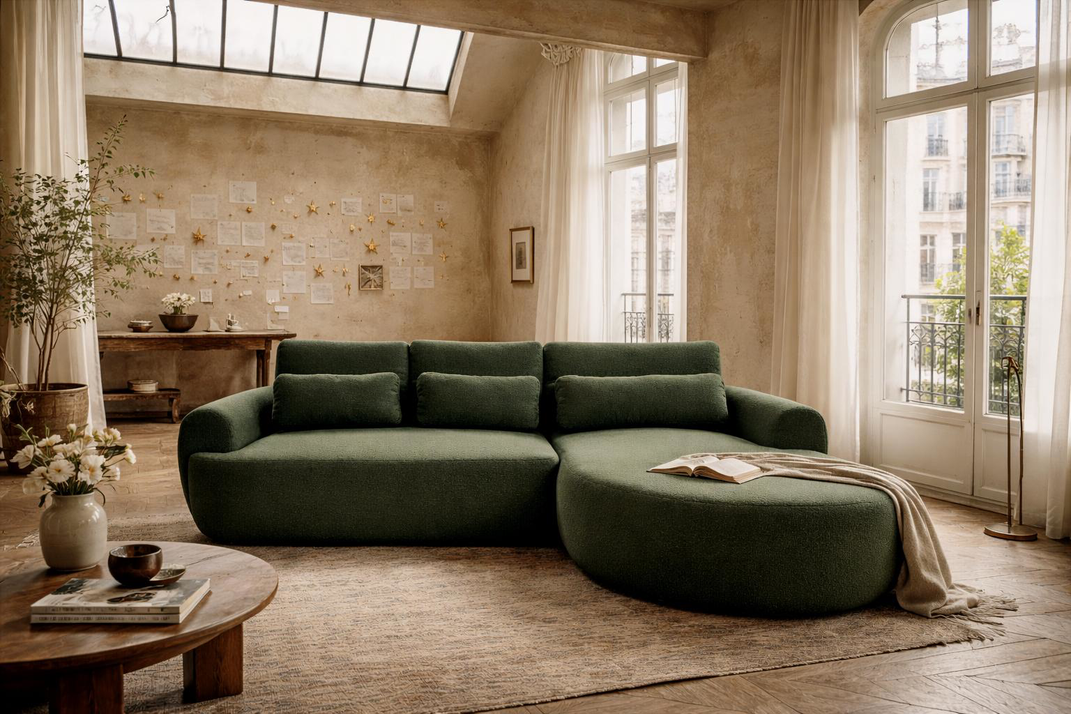 Canapé d’angle droit Aboukir en tissu bouclette vert dans un intérieur parisien avec grandes fenêtres et ambiance atelier