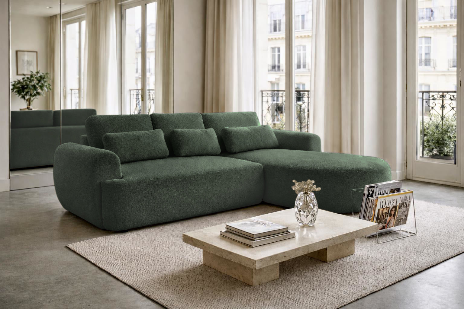 Canapé d’angle droit Aboukir en tissu bouclette vert Paname Avenue, dans un décor inspire au quartier parisien