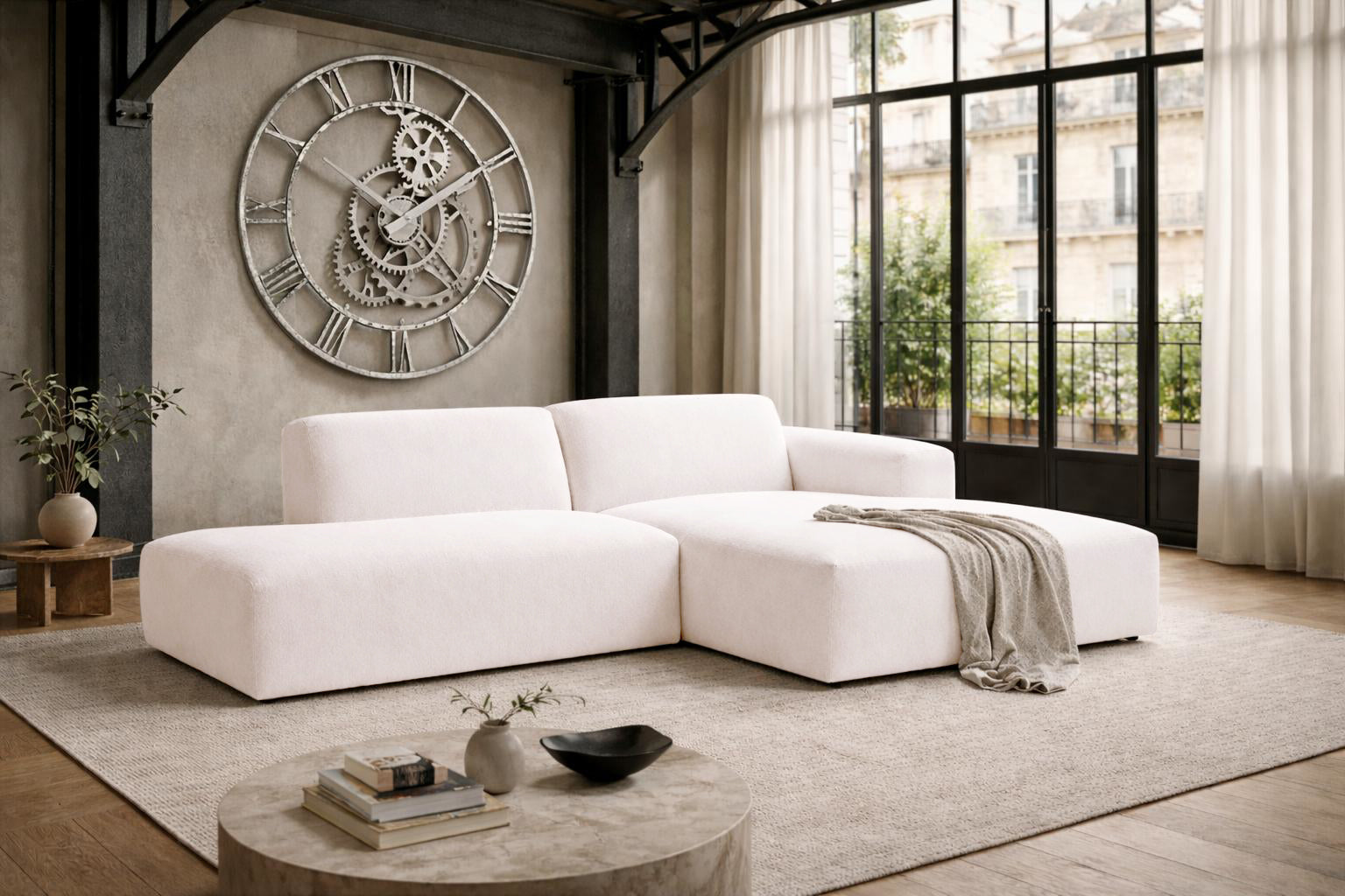 Canapé d’angle droit Archives en tissu chenille beige Paname Avenue, dans un décor inspire au quartier parisien