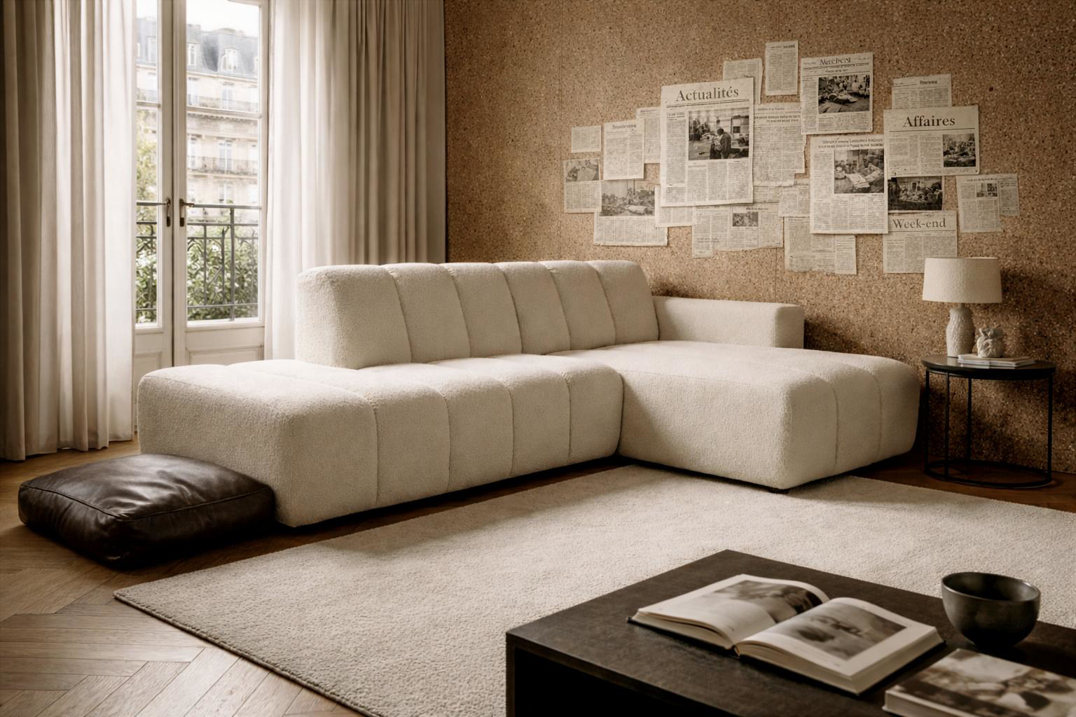 Canapé d’angle droit Chemin-Vert en tissu bouclette beige Paname Avenue, dans un décor inspire au quartier parisien