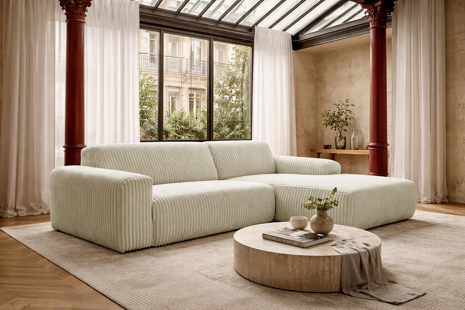Canapé d’angle droit Bruxelles en tissu gros velours côtelé beige Paname Avenue, dans un décor inspire au quartier parisien
