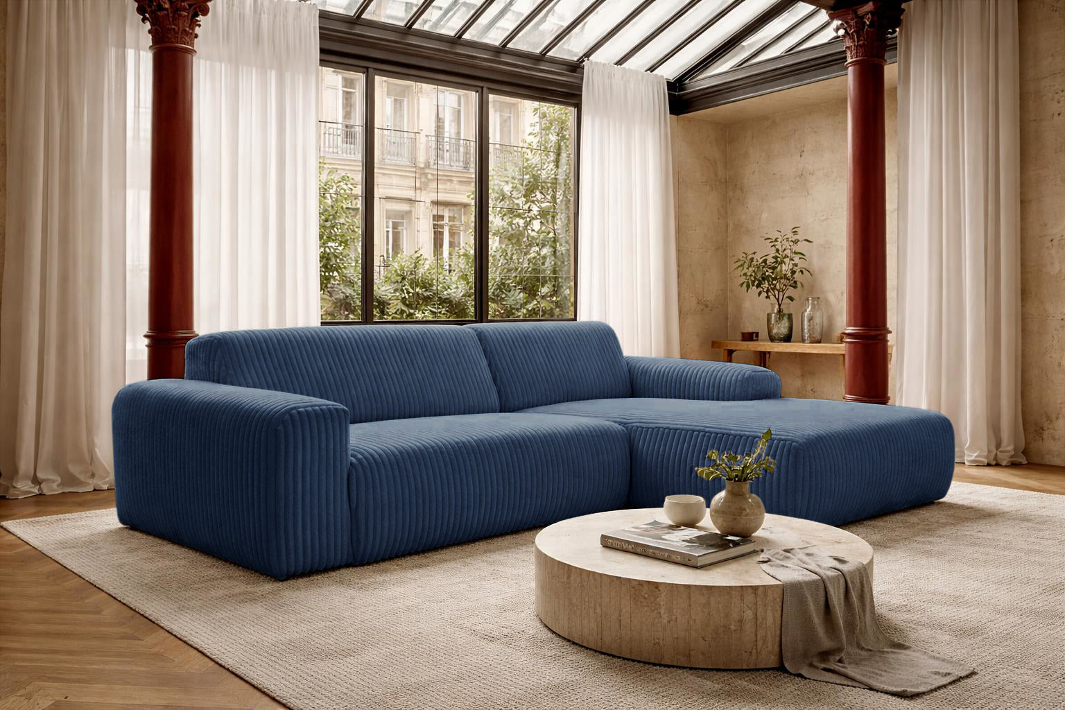 Canapé d’angle droit Bruxelles en tissu gros velours côtelé bleu Paname Avenue, dans un décor inspire au quartier parisien