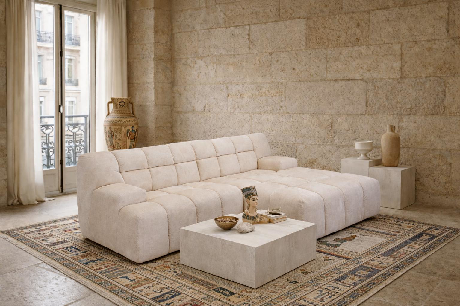 Canapé d’angle droit Caire en tissu chenille crème Paname Avenue, dans un décor inspire au quartier parisien