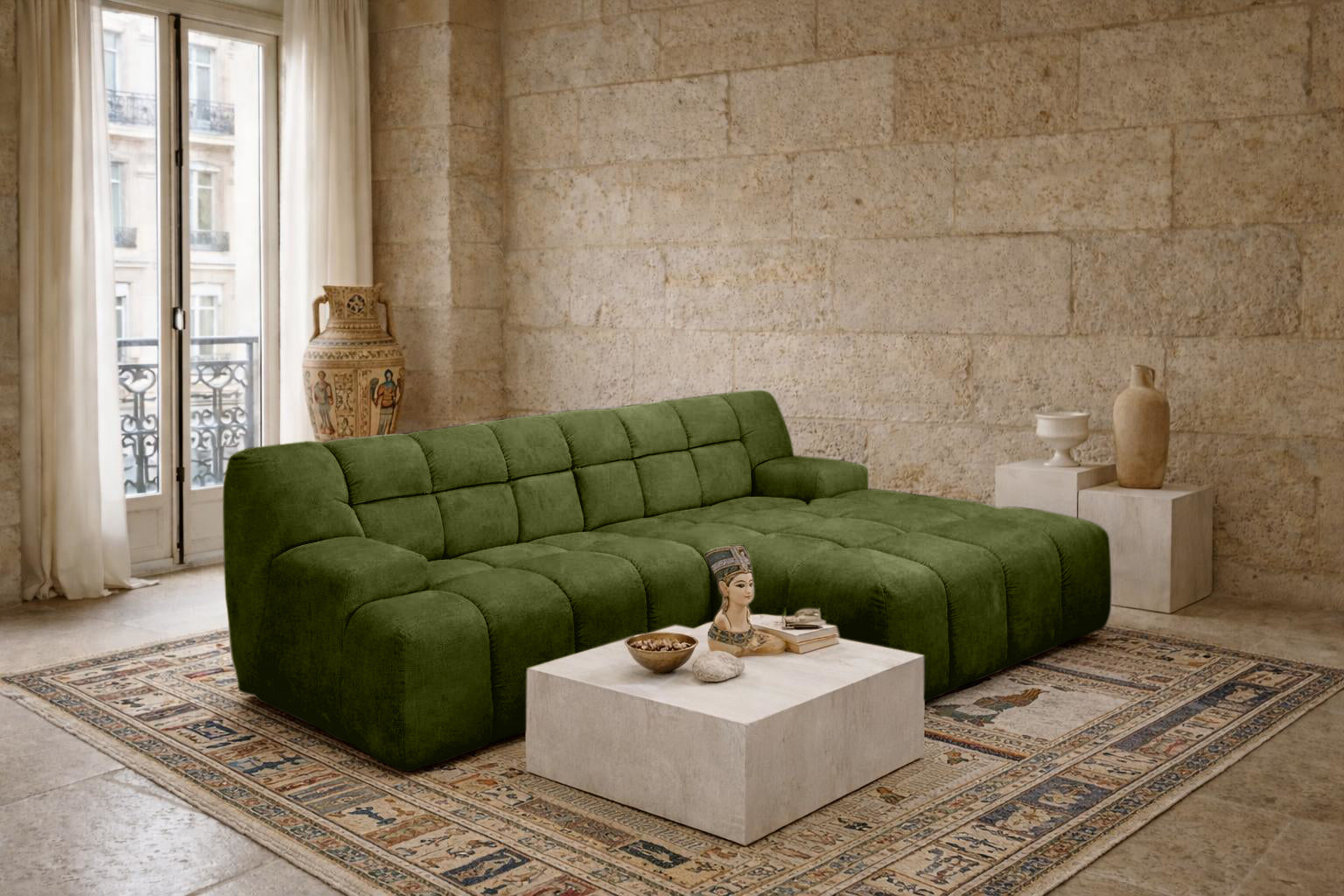 Canapé d’angle droit Caire en tissu chenille vert olive Paname Avenue, dans un décor inspire au quartier parisien